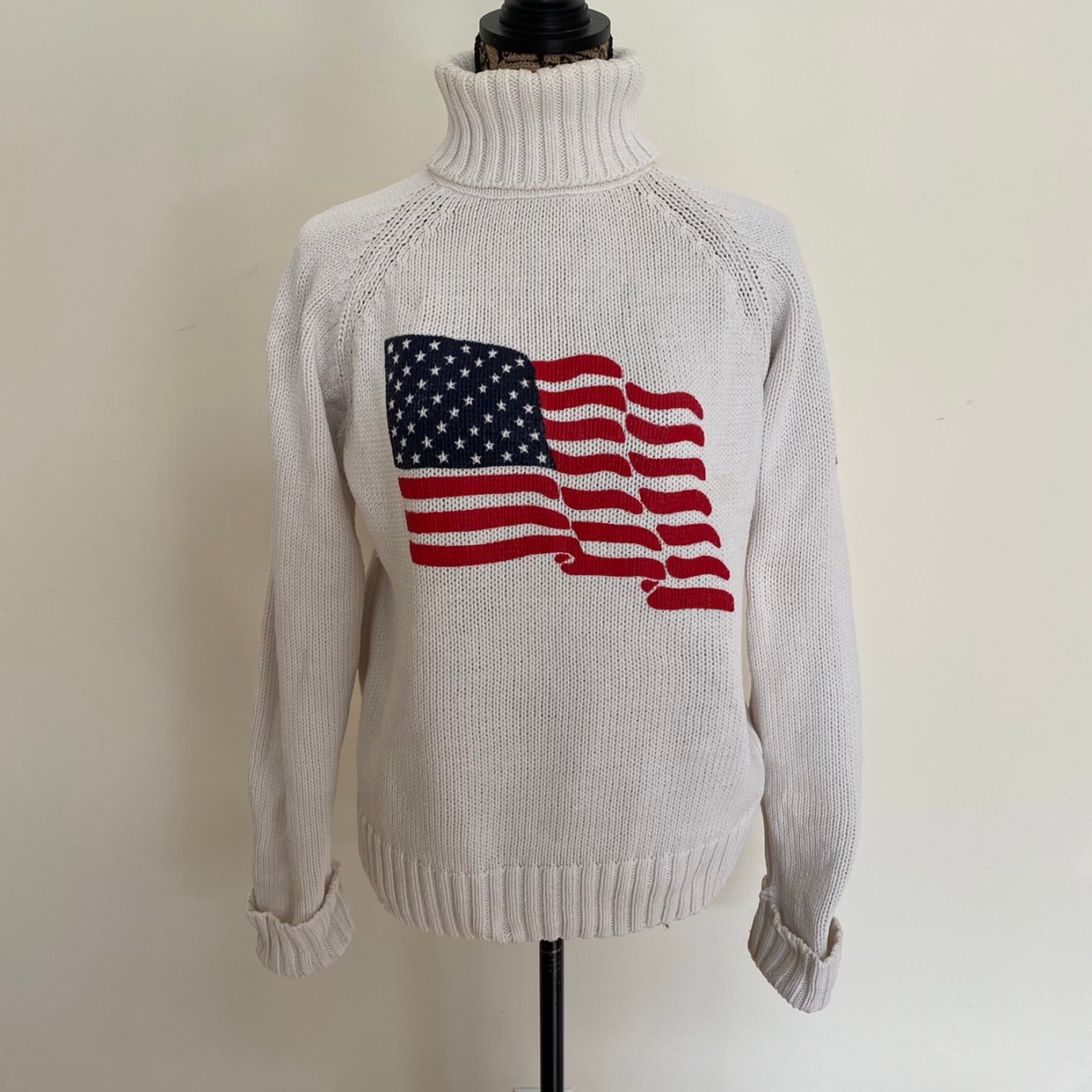 VTG Calvin Klein Jeans White Cotton Patriotic American Flag Chunky Turtleneck