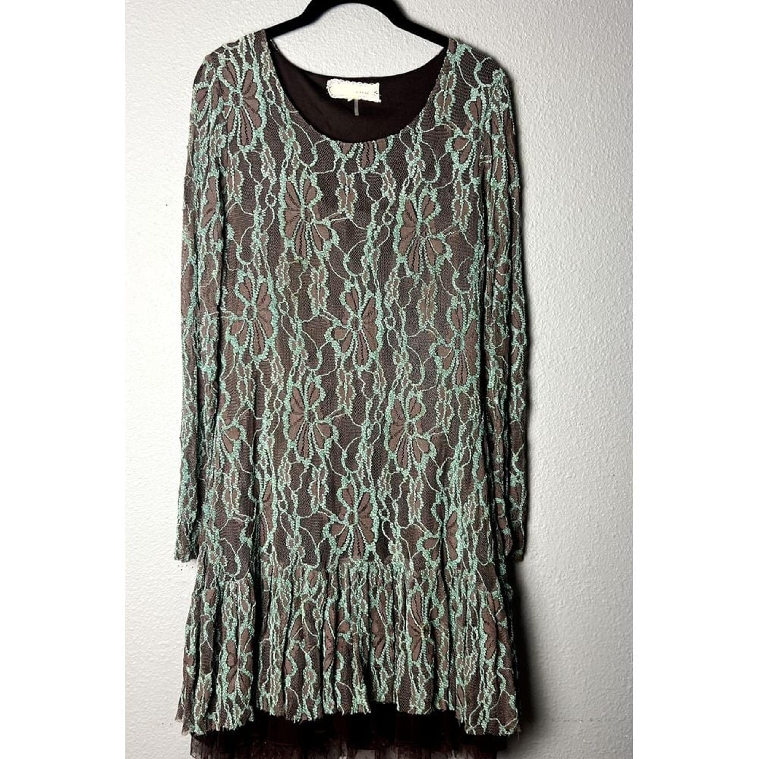 Antropologie A'Reve Green Tule Tiered Lace Dress Size L Drop Waist Cottagecore