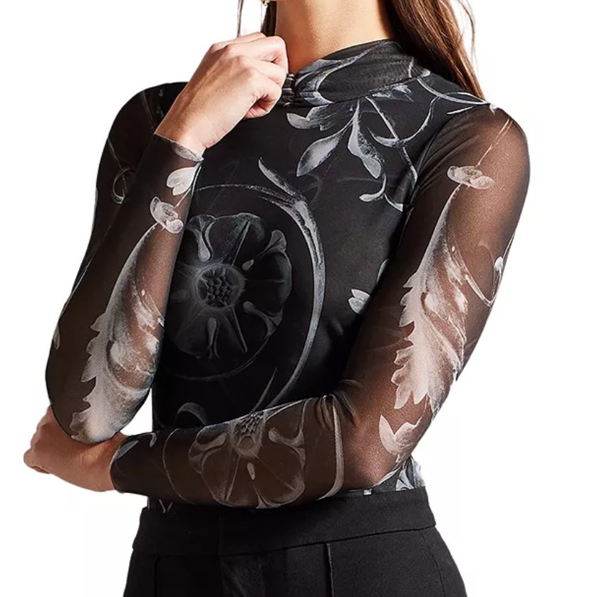 Ted Baker Kaesa Sheer Black Mesh Long Sleeve Mock Neck Top NEW Size 4/ US 10