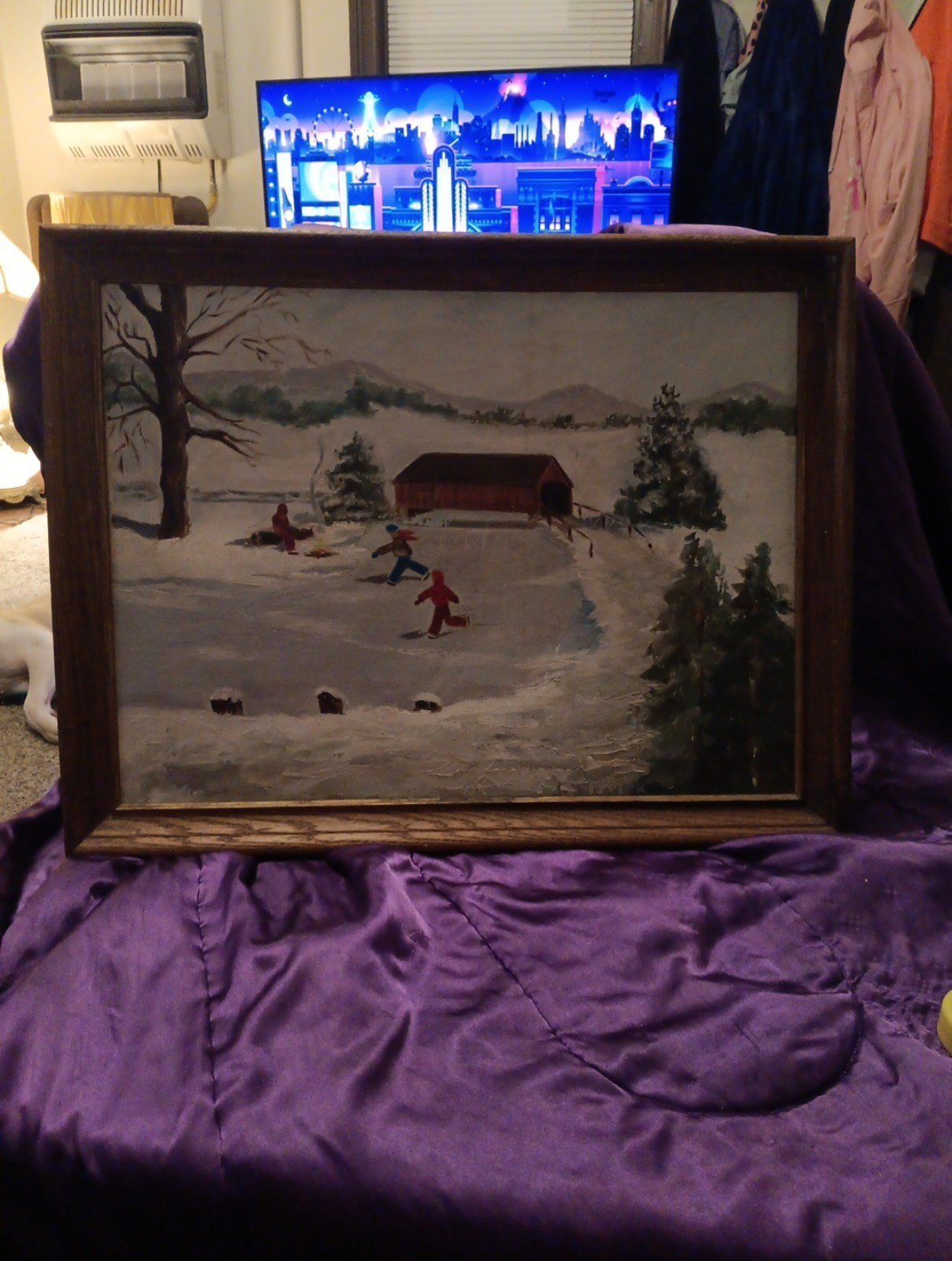 Oil on. Canvas J Weaver Covered Bridge Ice Skaters