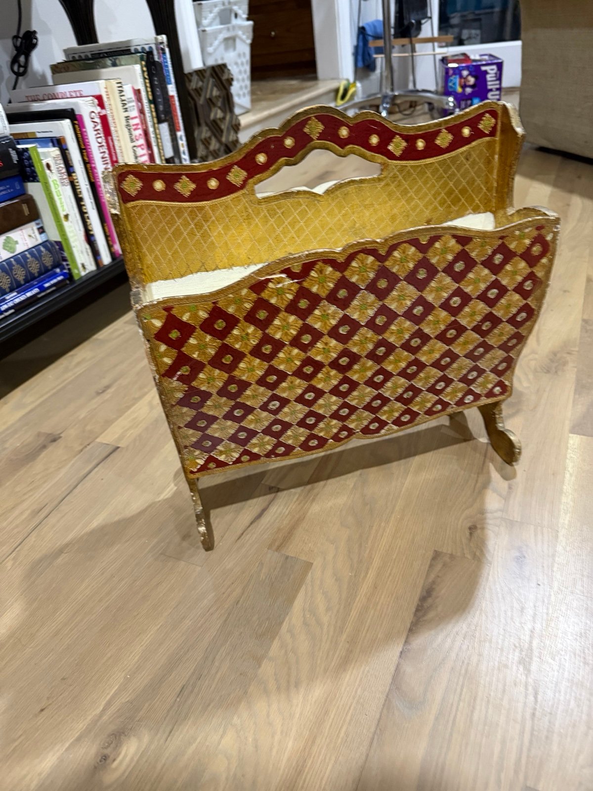 Vintage Italian Florentine Red/Gold Wood Ornately Decorated Magazine Rack 1950s