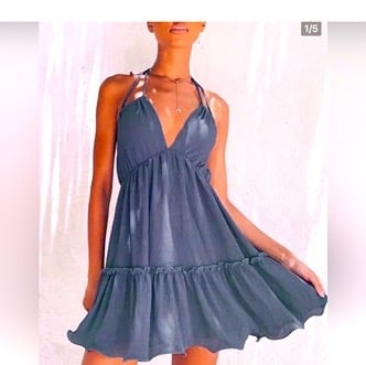 DressLulus Denim Blue Tiered Halter Babydoll Dress Size L