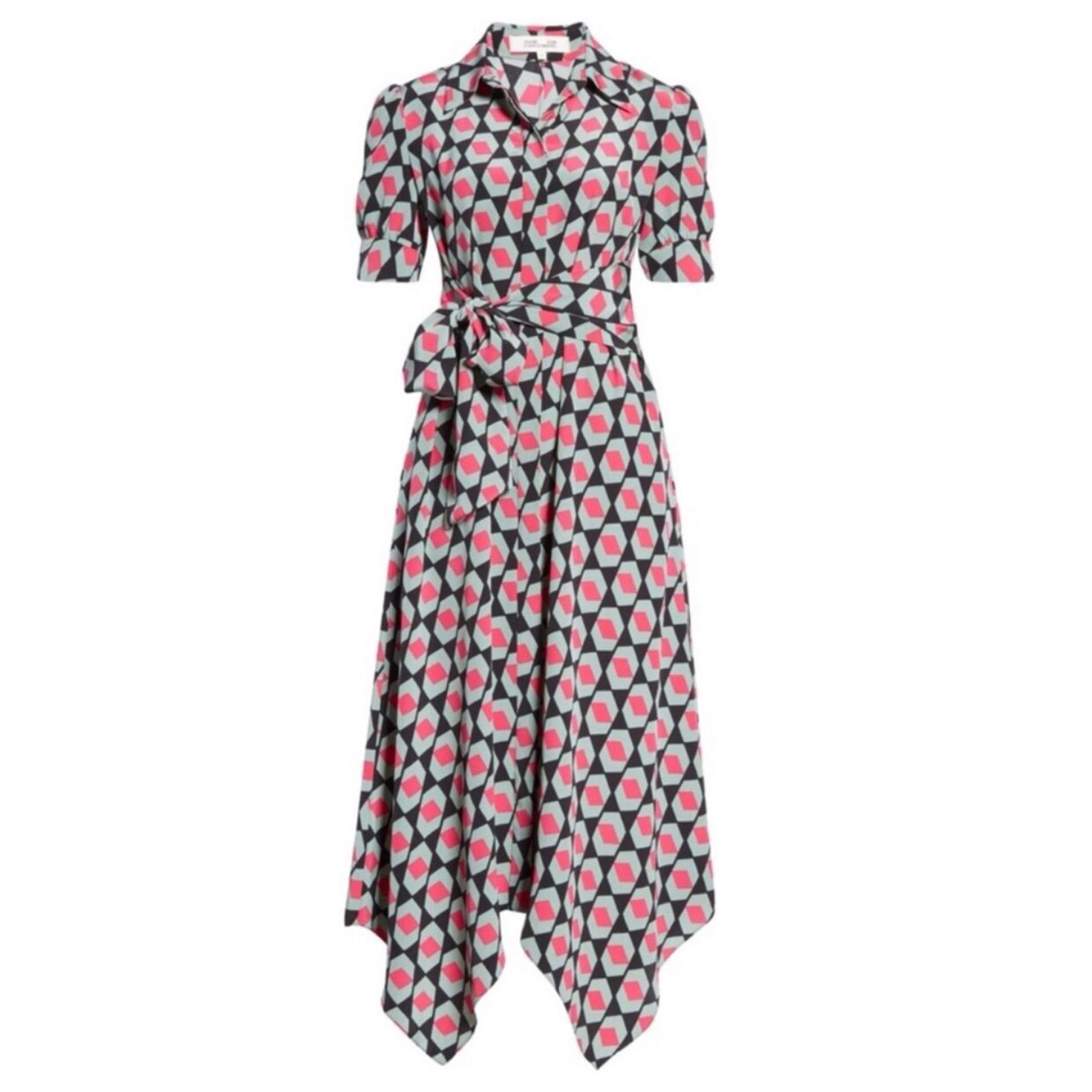 DVF Silk Kendyl Maxi Dress Hexagon Print Size L Geometric Diane Von Furstenberg