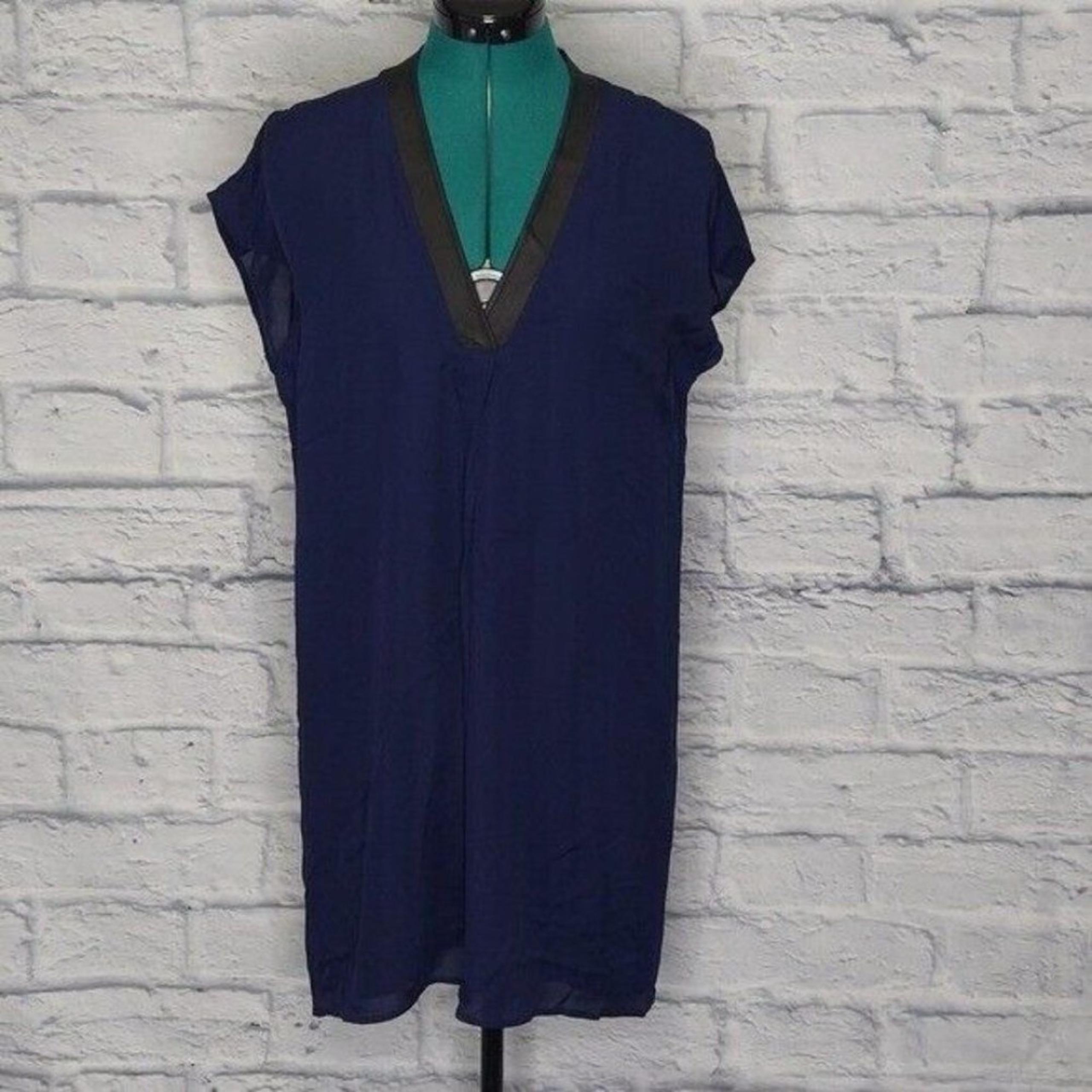 Vince Womens Navy Blue leather trim neckline cap sleeve mini silk dress Sz XS