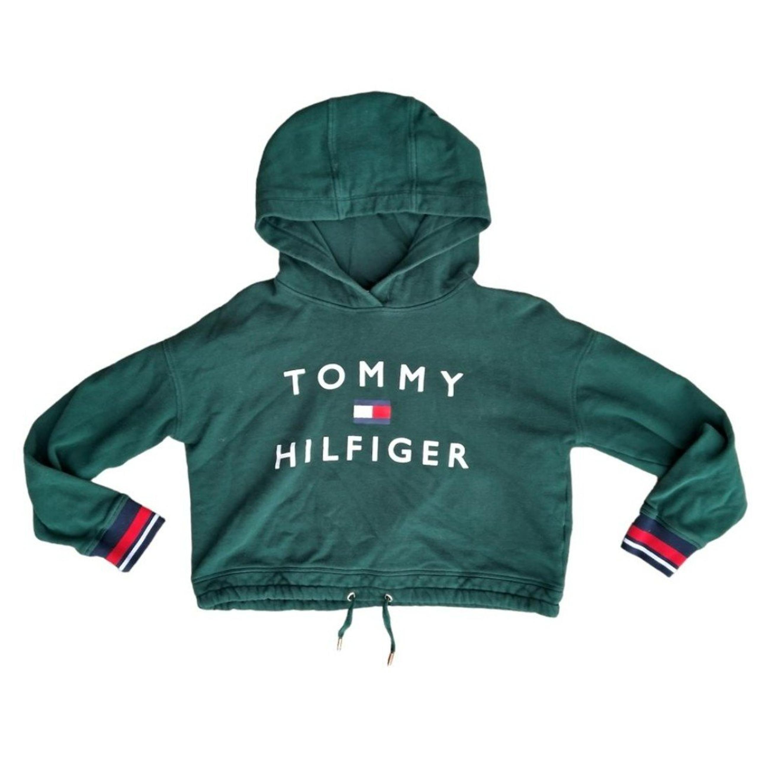 Tommy Hilfiger Sport Womens Green Graphic Long Sleeve Draw String Cropped Hoodie