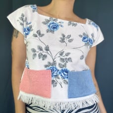Vintage 80s Blue Rose Towel Top