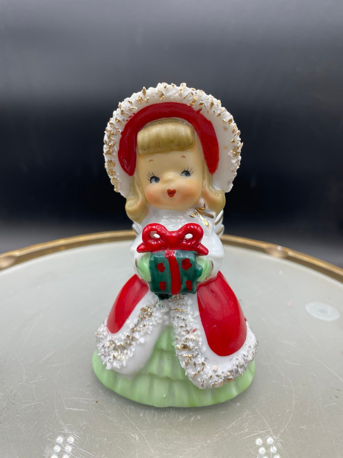 Vintage Geo. Lefton Ceramic Girl Angel Holding Present Spaghetti Trim 4.5” Bell