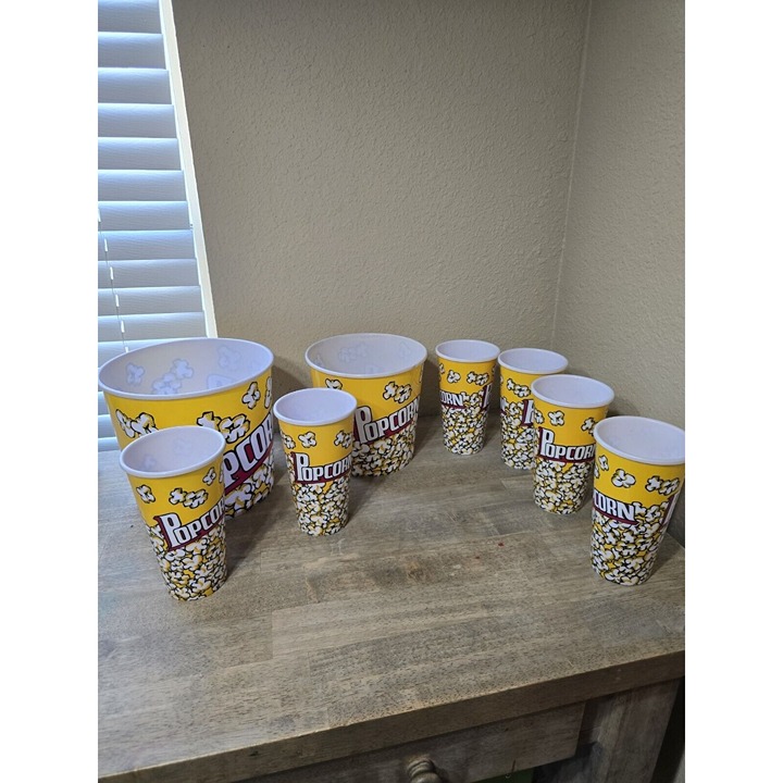 Lot 8 POPCORN TUBS Cups Bowls Bucket pop corn Plastic Container Snack Movie nite