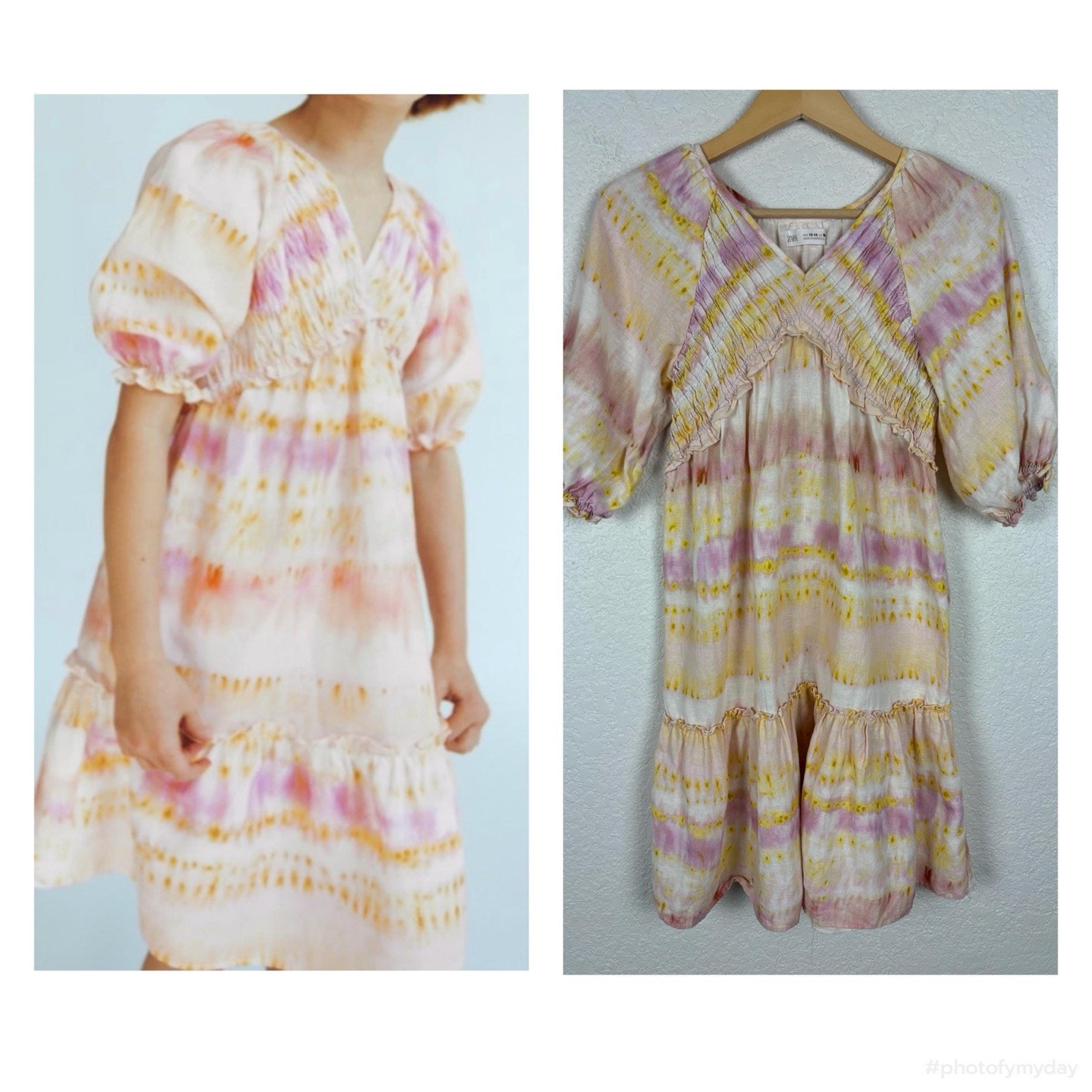 Zara Linen Cotton Girls Dress Size 13/14 Pink Yellow Tie-Dye Smocked Summer
