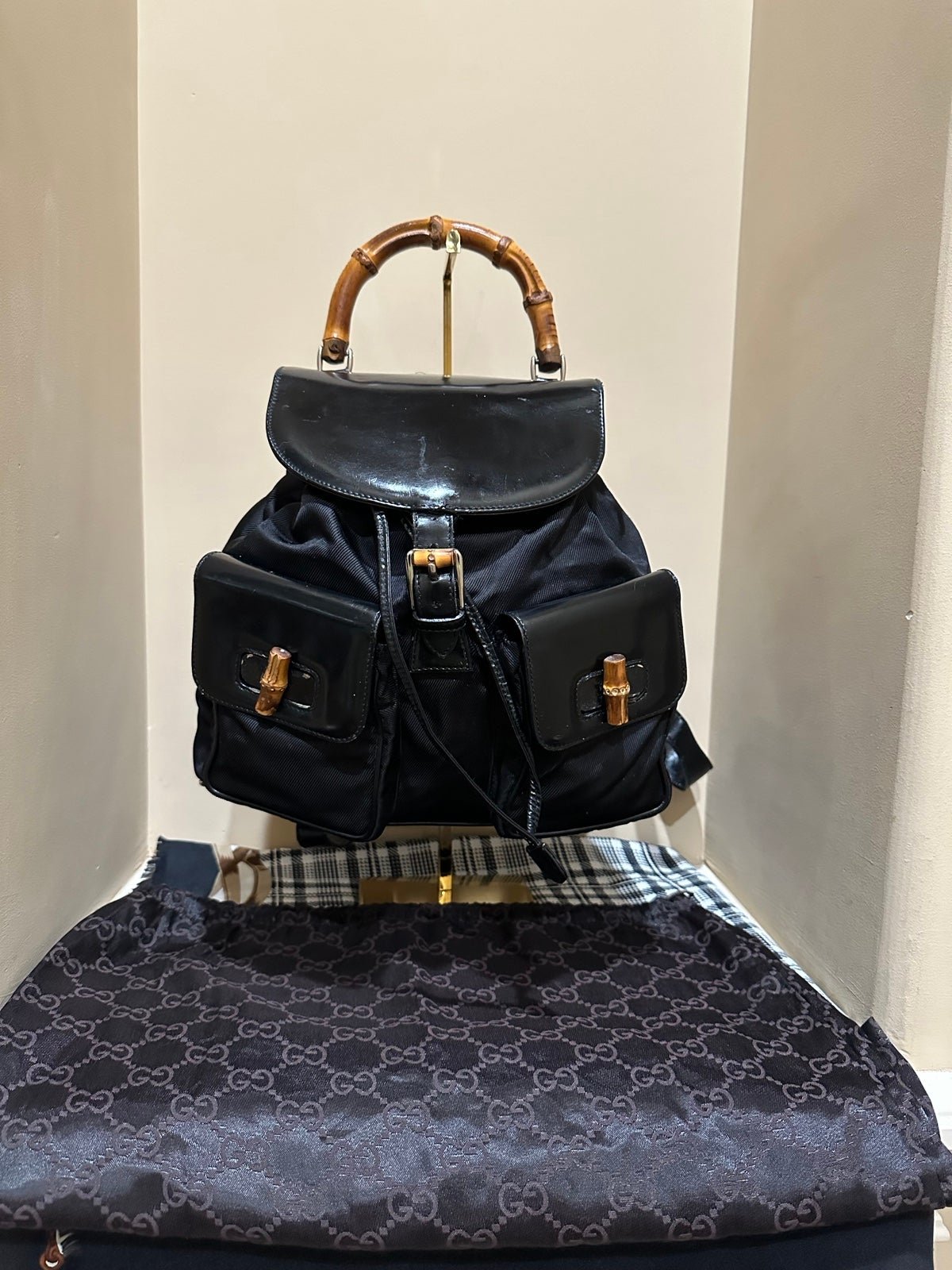 Auth. Gucci Nylon and Leather Bamboo Backpack