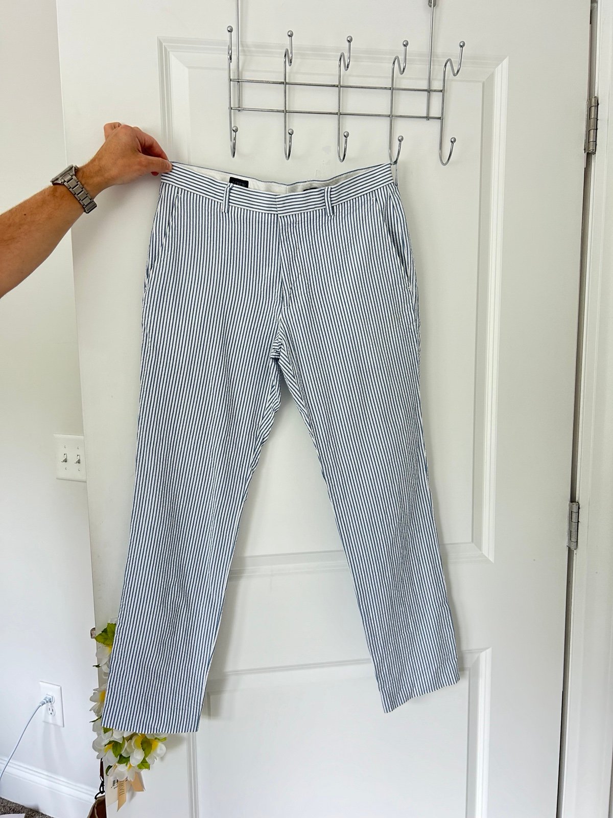 Blue striped tapered linen pants