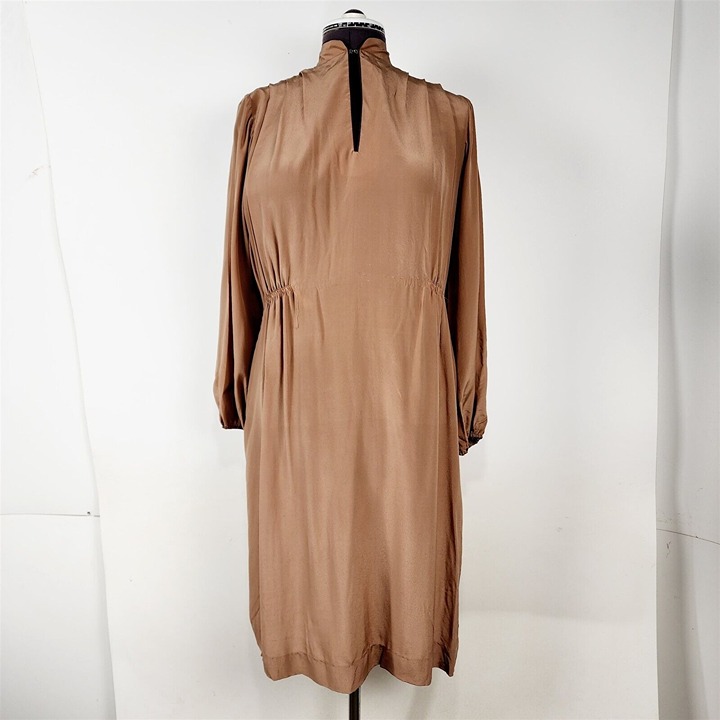 Vintage Howie Light Brown Tan Silk Long Sleeve Dress Womens 12