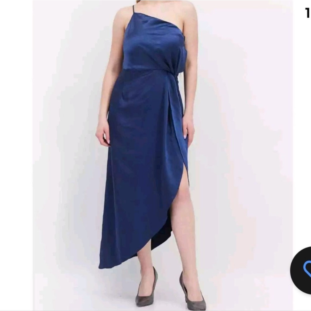 o.p.t Ivy Blue Satin Asymmetrical One Shoulder Midi Dress Size Small NWT