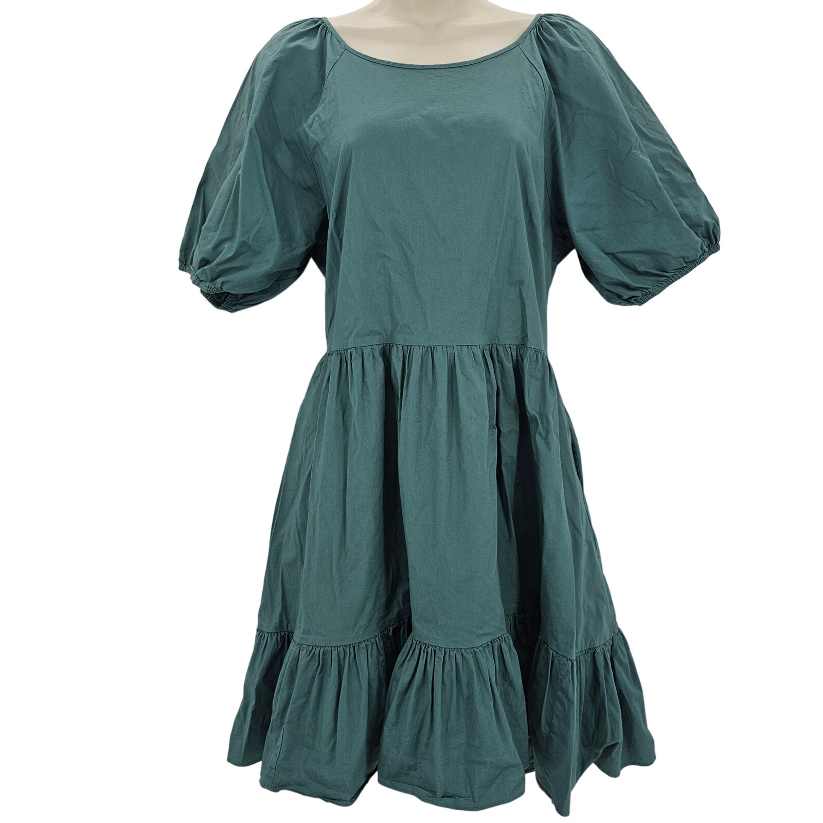 Peter Som Woman size 12 Green Puff Sleeve Mini Dress Tie Back Ruffle Hem Pockets