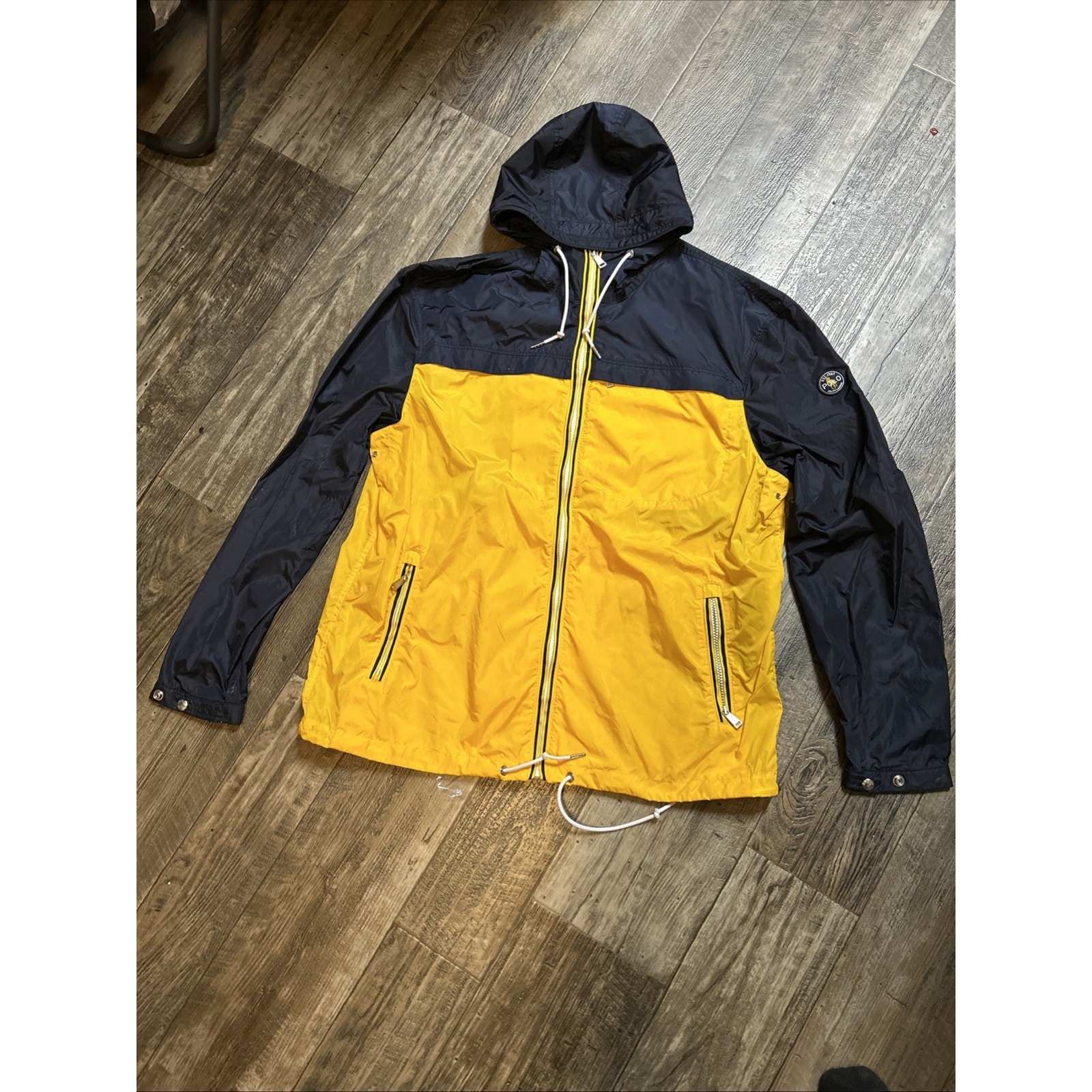 Polo Ralph Lauren Mens Jacket Navy Blue Yellow Size L Windbreaker Hooded Zip