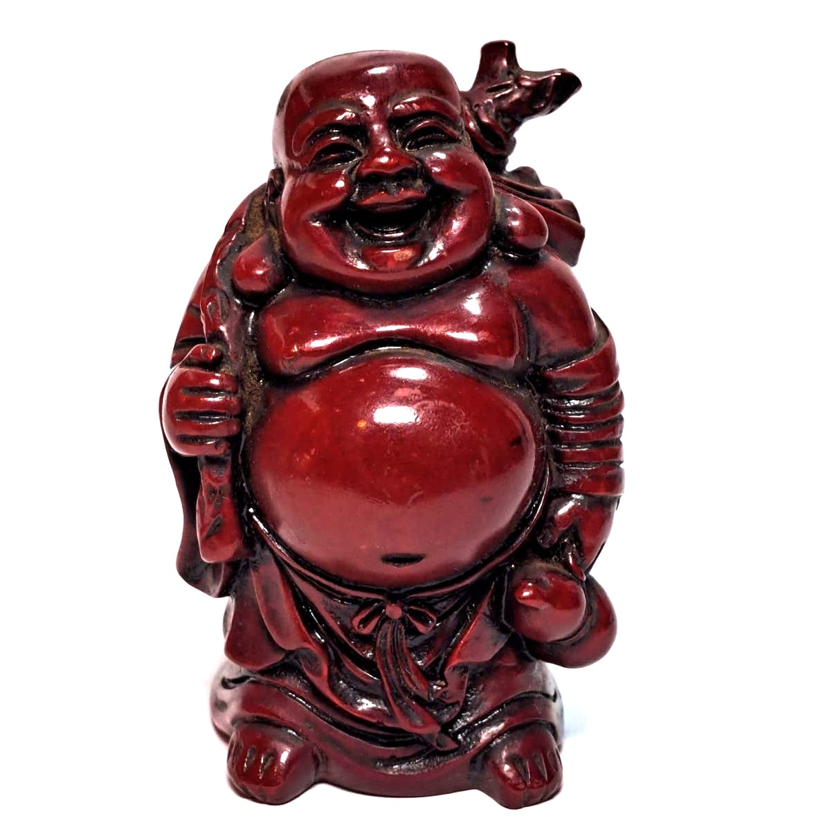 Vintage Laughing Buddha Carved Red Stone Barefoot Wandering Figurine Knapsack