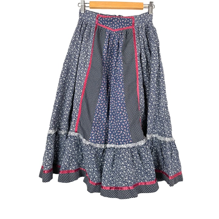 VTG Jessica's Gunnies Gunne Sax skirt floral velour trim navy red sz 9
