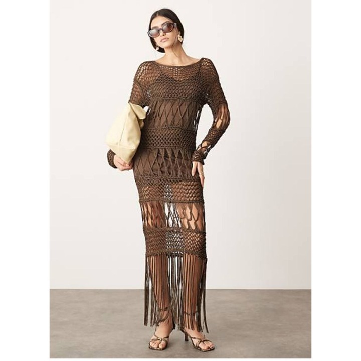 NWT ASOS EDITION long sleeve macrame knit maxi dress in brown size 4