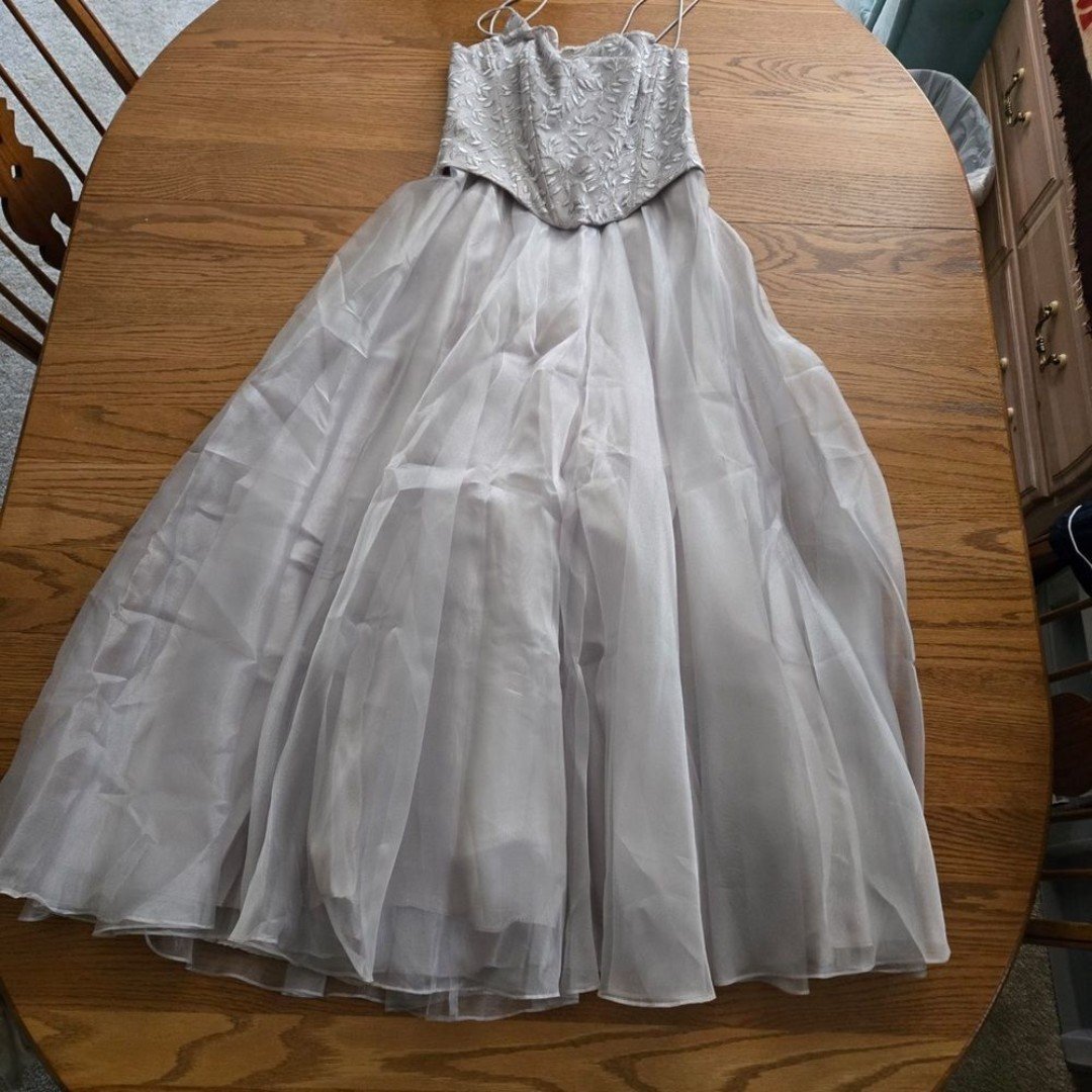 Vintage Lenovia Dress M Corset Sleeveless Scarf Tulle Gown Silver USA Lace Up