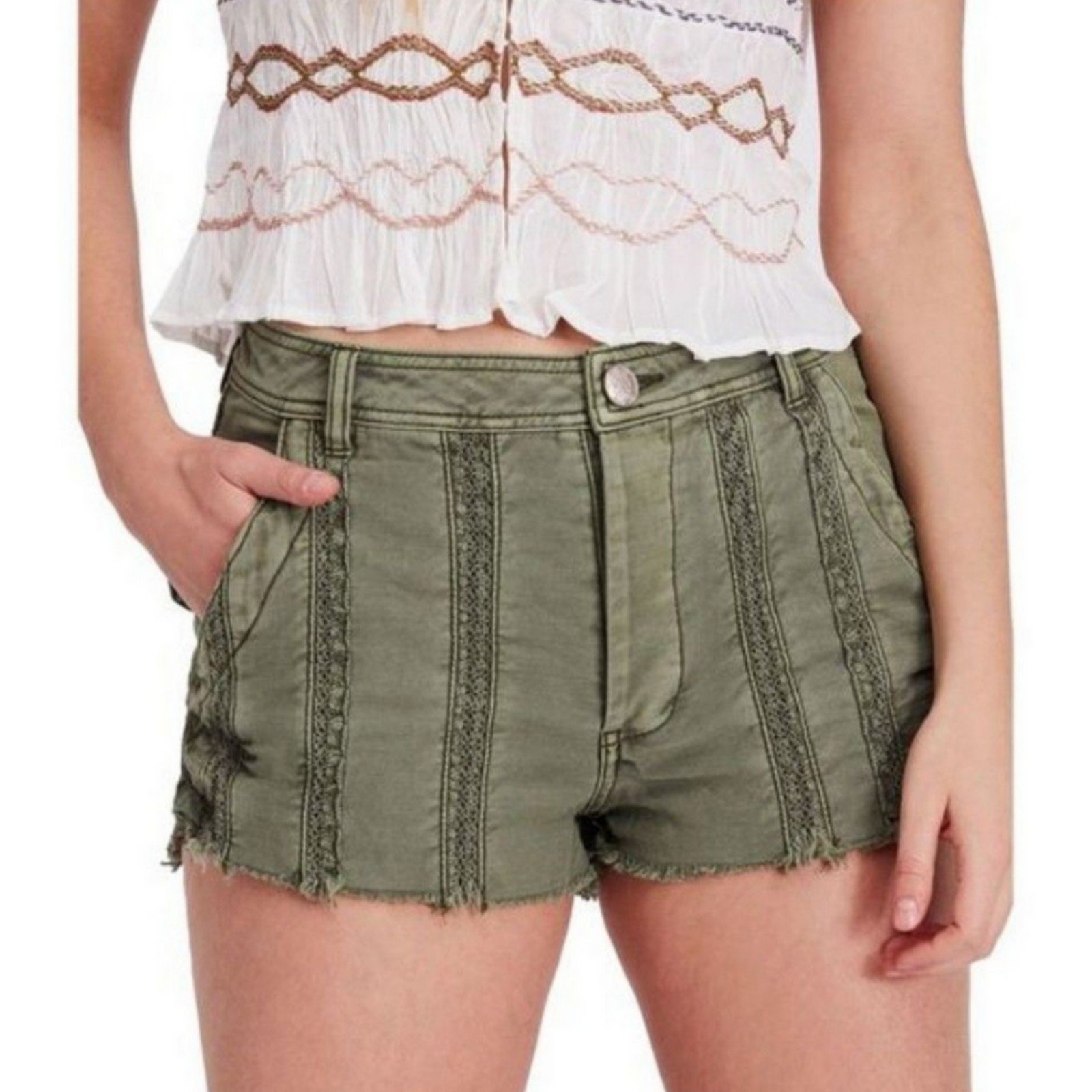 FREE PEOPLE Lace Trim Casual Denim Shorts Green Womens size 0