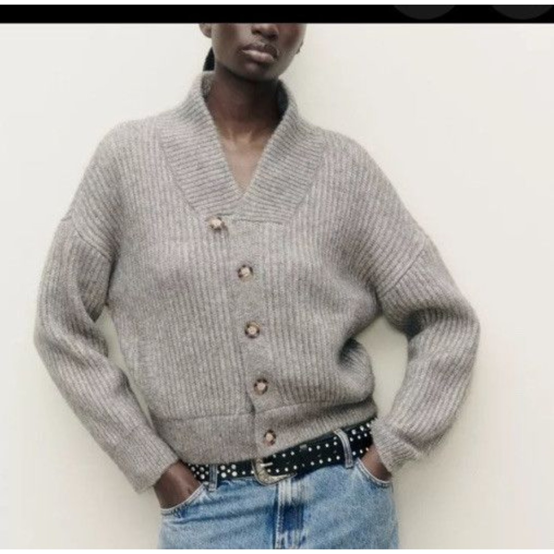 ZARA Gray Wool Blend Knit Bomber Shawl Collar Cardigan Sweater Women’s Medium