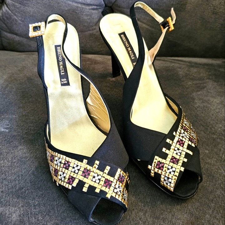 1990s Bruno Magli Couture Black Slingback Heels with Mixed Metal Metallic