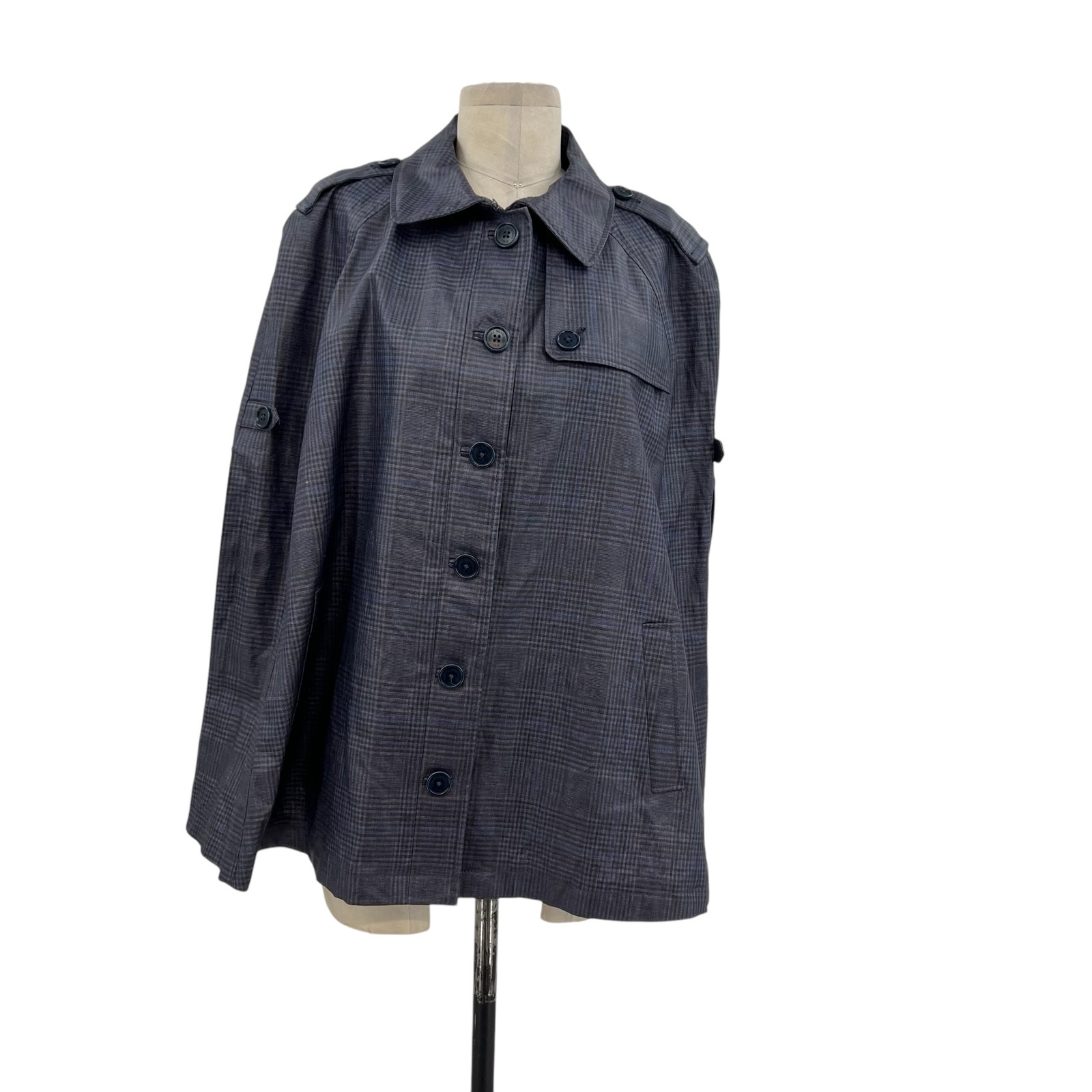 Brooks Brothers Cape Jacket Coated Plaid Check Print Linen Blue Size Large