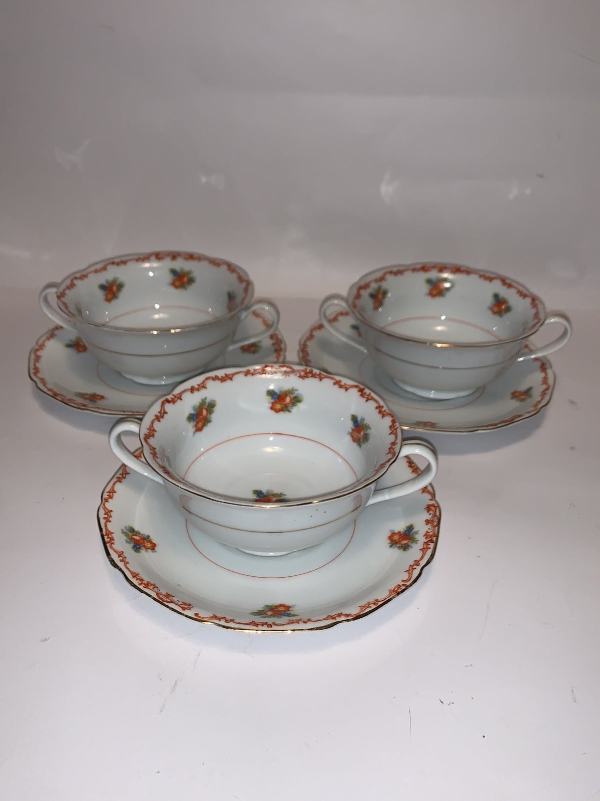 Three Sets Vintage Art Deco White Floral Small Soup Bowls and Underplates