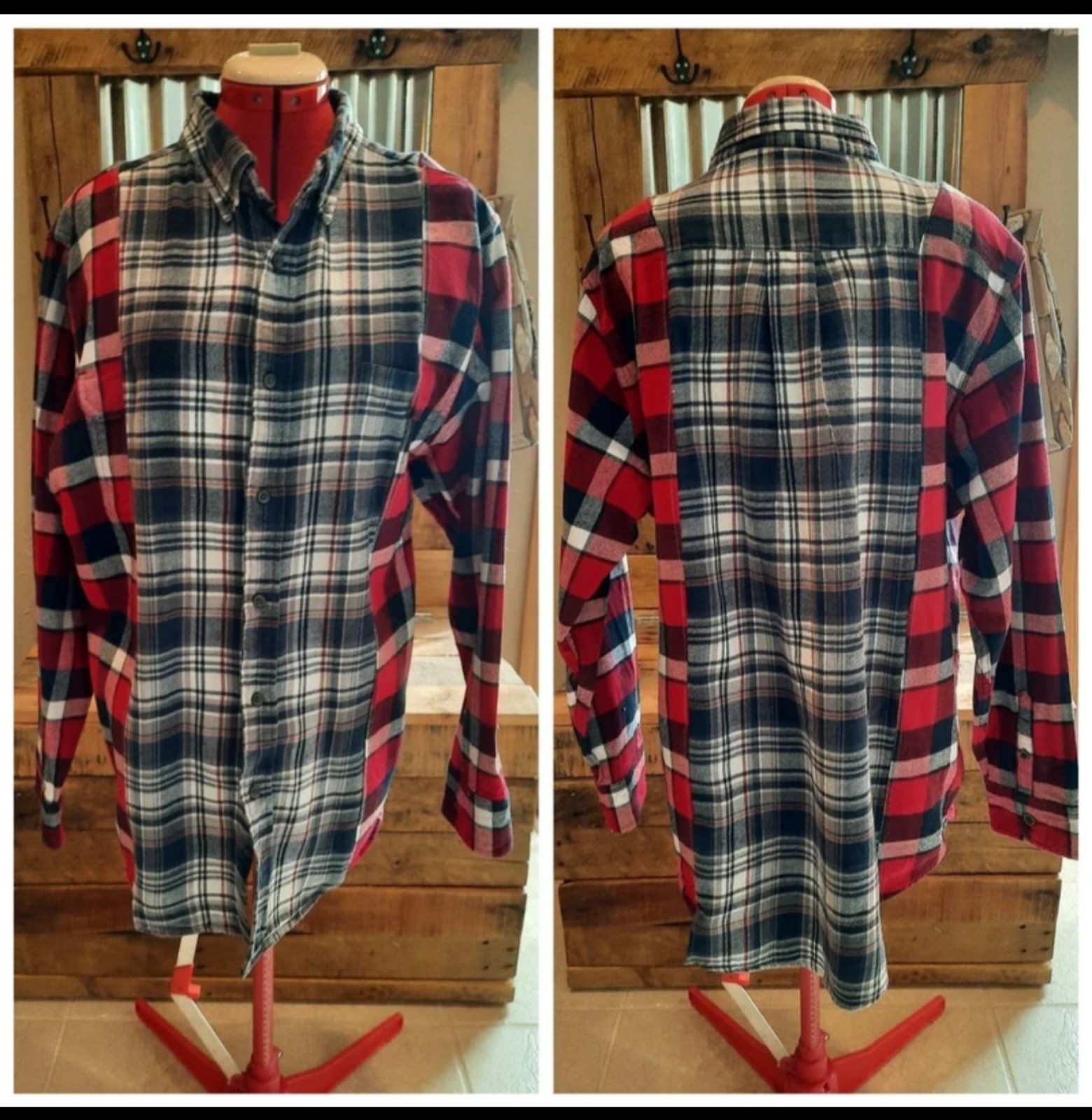 Spliced Plaid shirt upcycled mens M or Woman L Don't Throw It Out