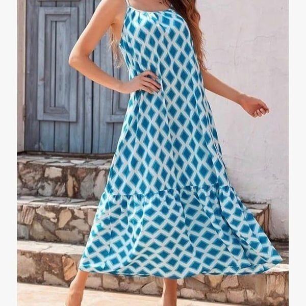 Spaghetti Strap Scoop Neck Smoked Ruffle Boho Maxi Dress