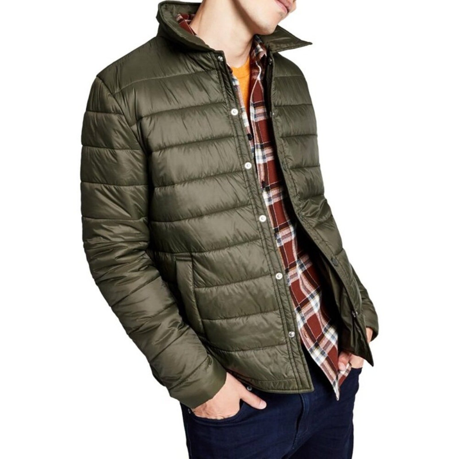 AND NOW THIS Mens Lightweight Puffer Jacket Snap Button Olive Green Size XXL NEW