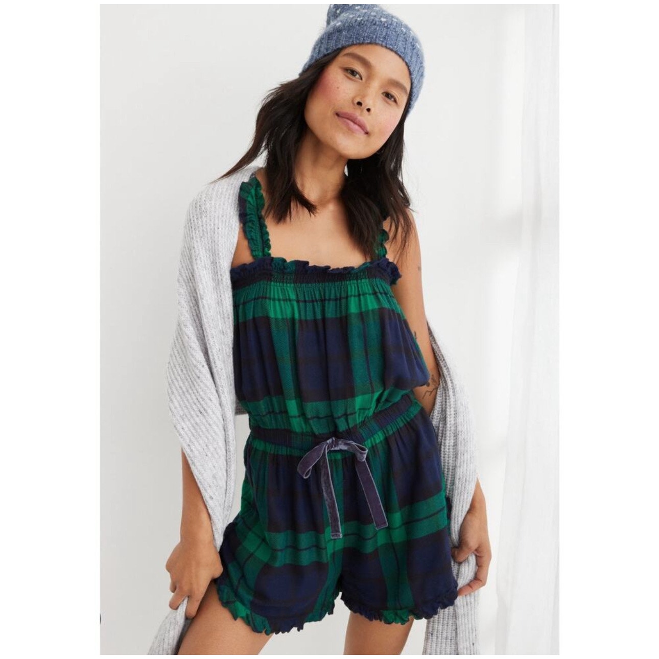NWT Aerie Plaid Ruffle Romper Sleepwear Green Blue Size XS