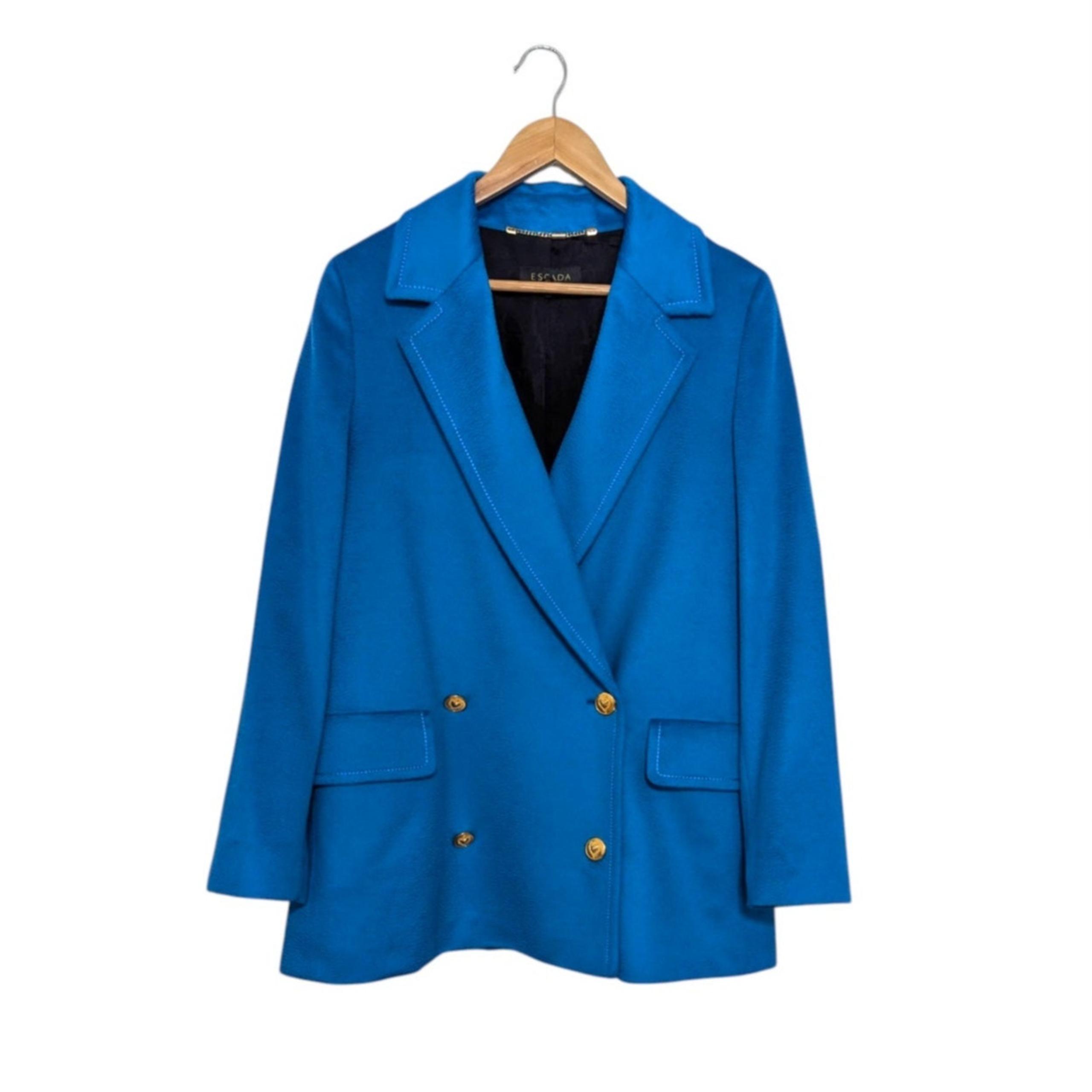 ESCADA Aqua Blue Double Breasted Brushed Coat Jacket Gold Button Womens 12