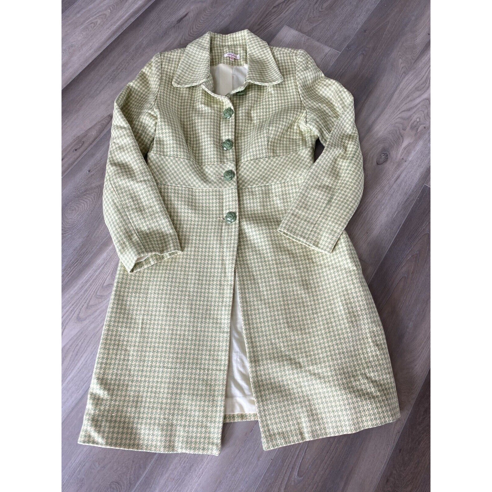 Vintage Marylou Long Dress Jacket Pea Coat Green Plaid Flower Buttons 100% Cott
