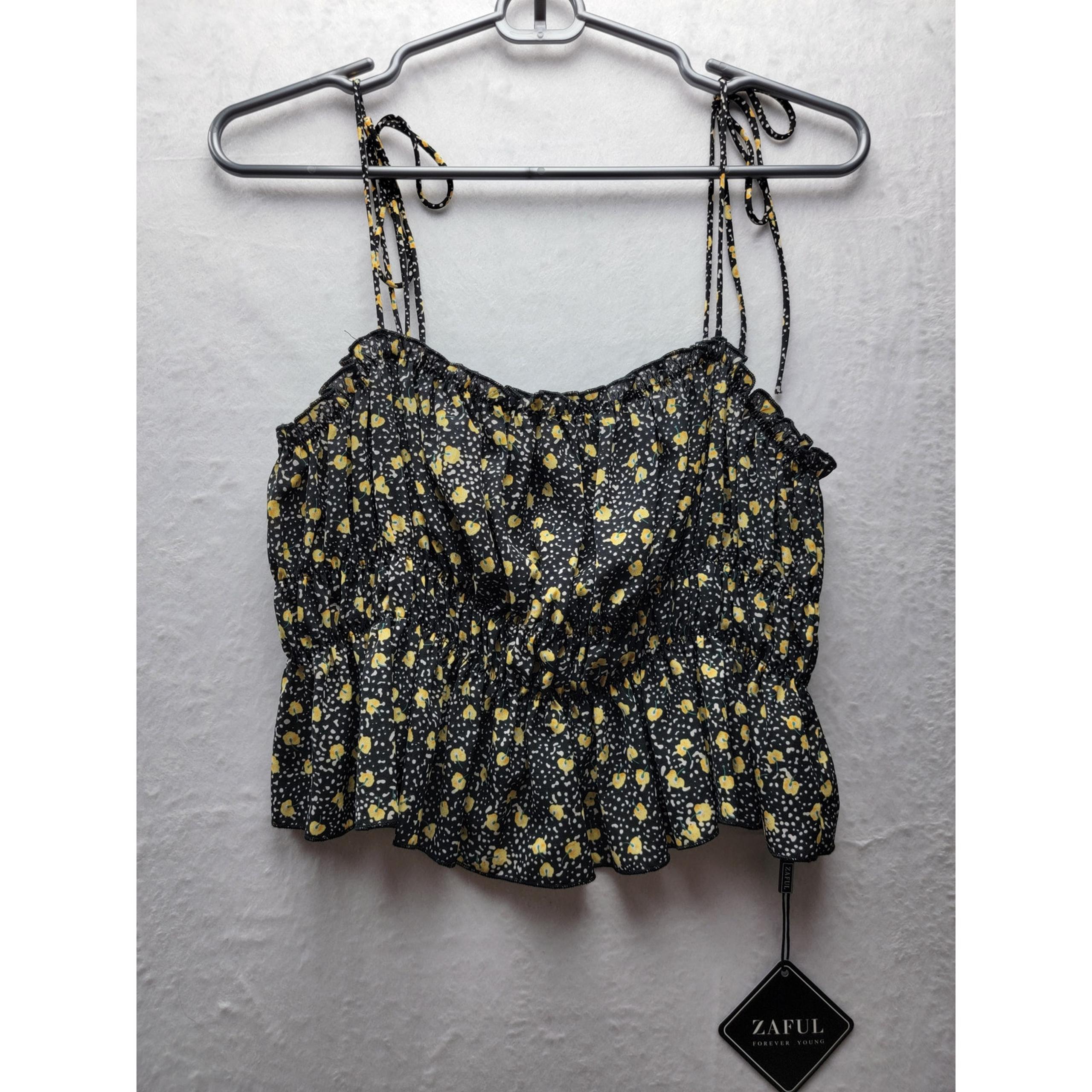 Zaful short tank top black/yellow floral, Size L NWT