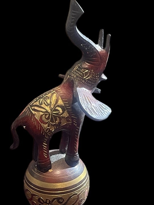 Vintage Red Gold Etched Design Elephant w/Trunk in Air Figurine Standing on Ball