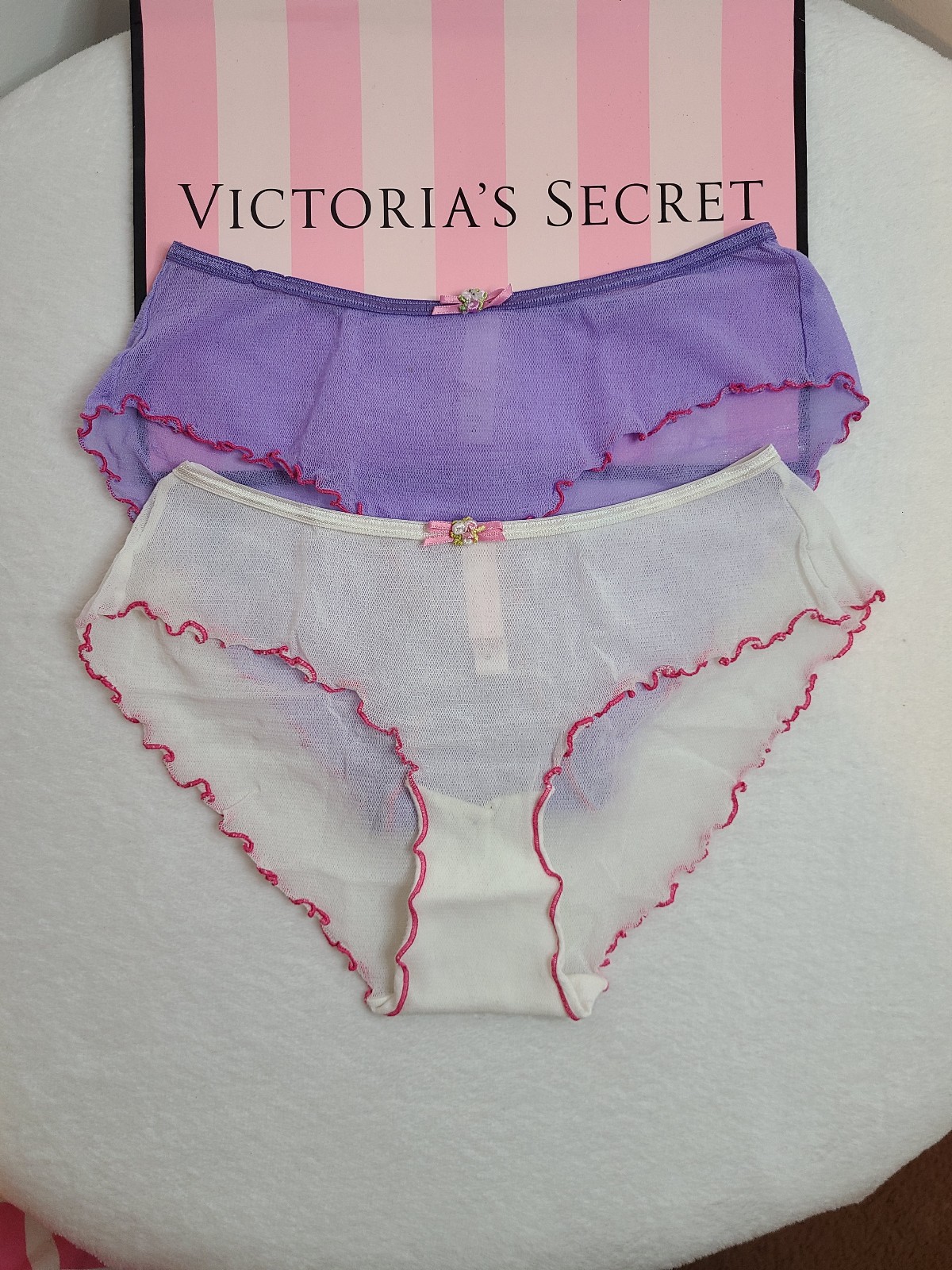 VTG Victoria's Secret 2pk Sheer Mesh Ruffle Hipster Panties Size Sm White Purple