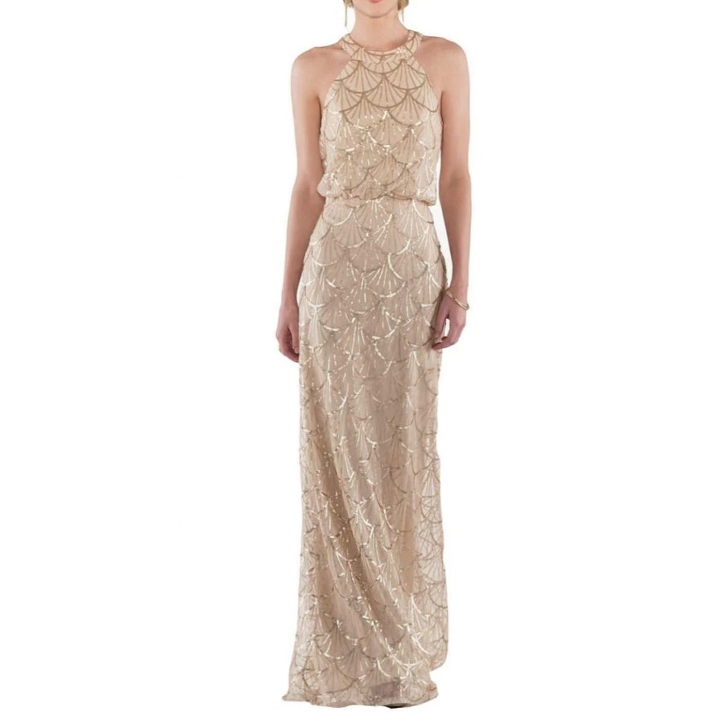 Sorella Vita Gold Sequined Scallop Pattern Halter Neck Gown Dress • Size 10