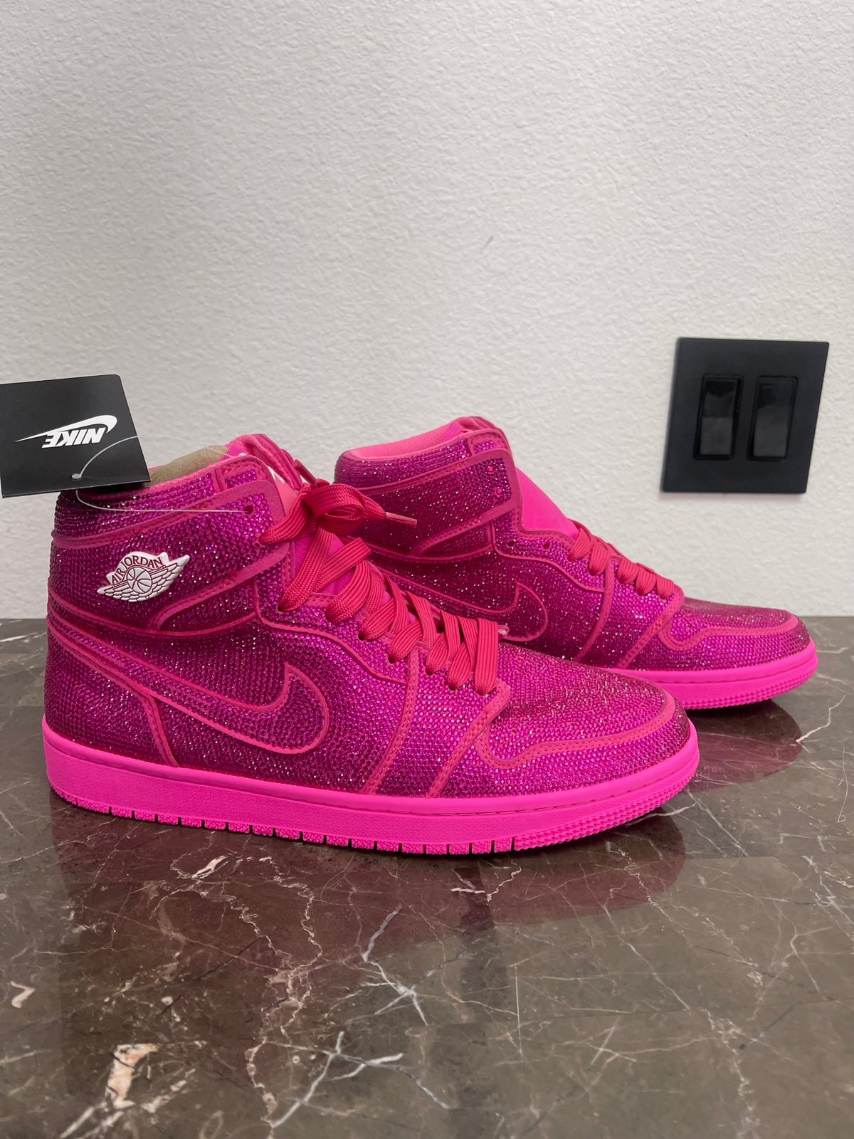 Euro 42, 26cm, Fits Mens Size 8-8.5: Custom Pink with Fuchsia, Iced Out Blingged
