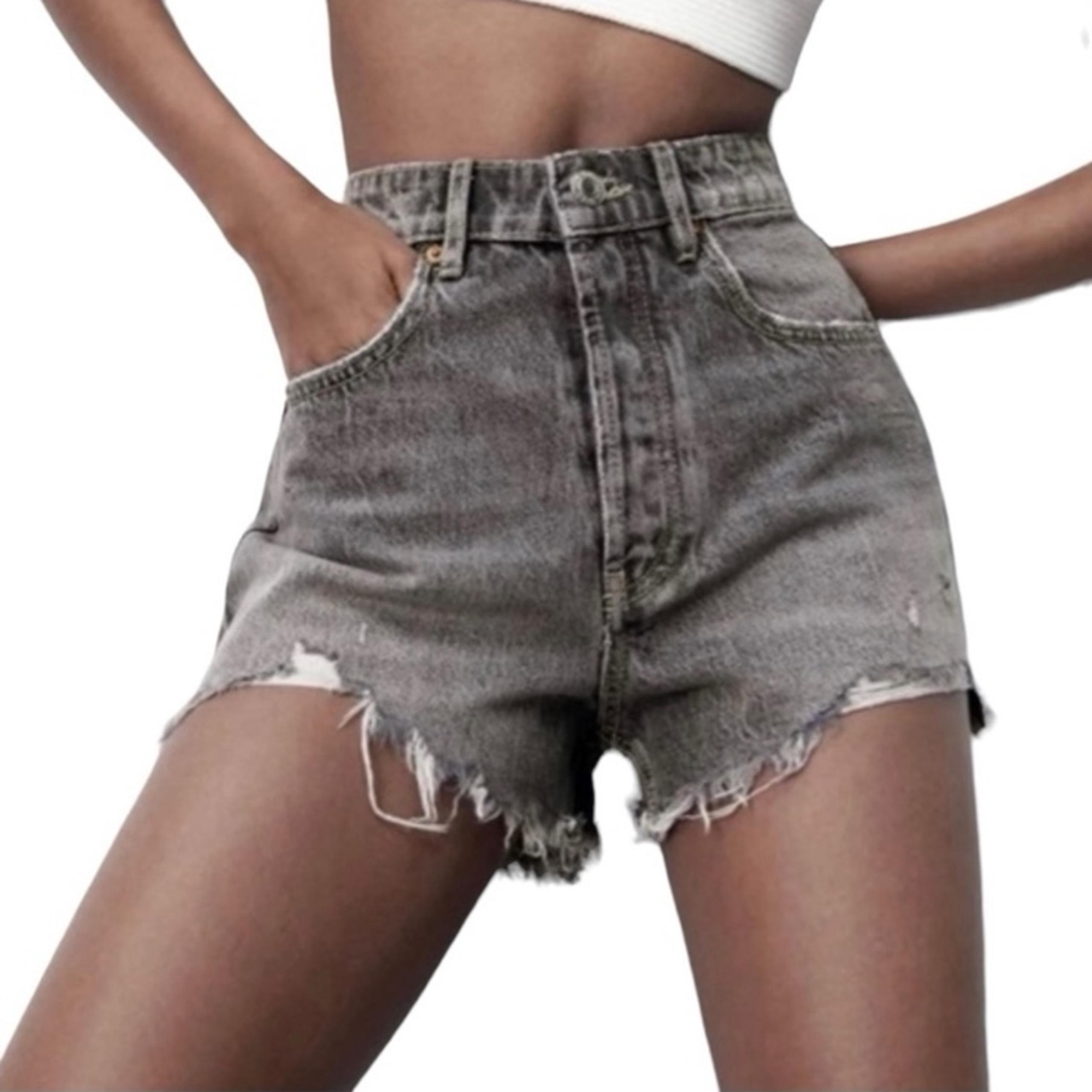 Zara Women's Gray High Rise Distressed Cut Off Denim Shorts Frayed Hem