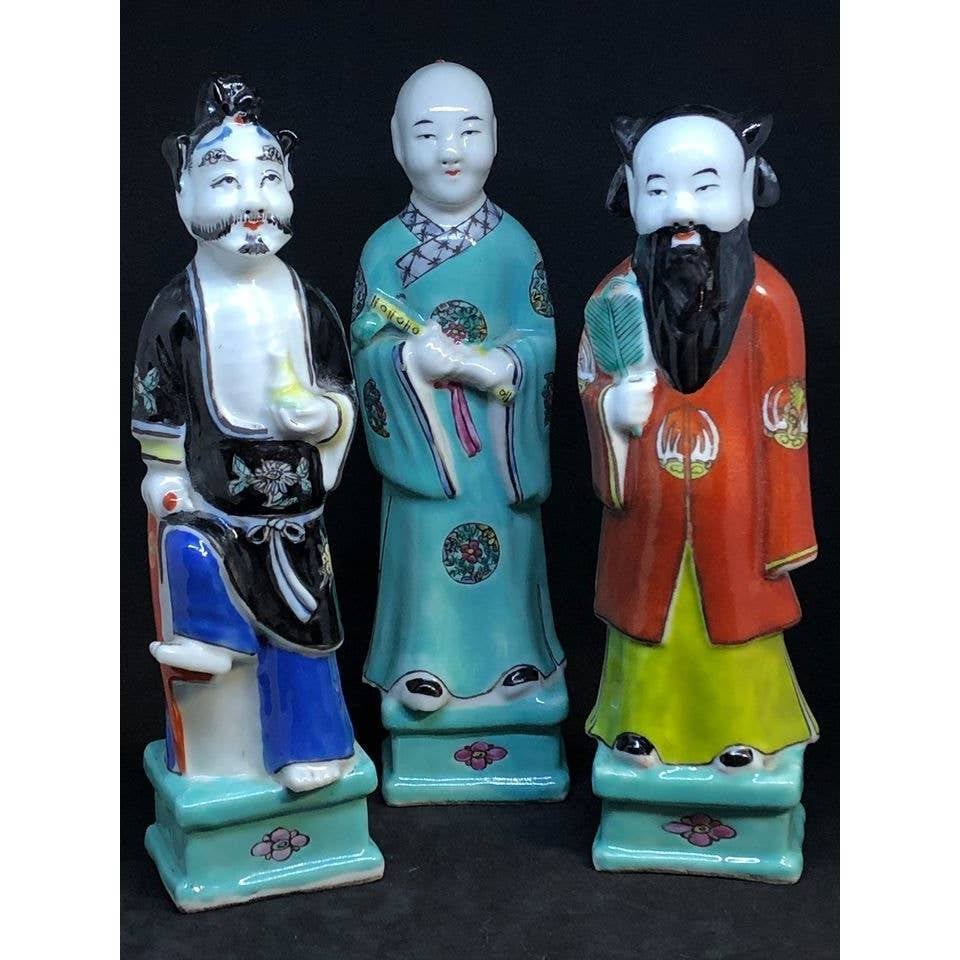 3 Antique Chinese earthenware figurines c.1880 Fuk, Luk, Sau
