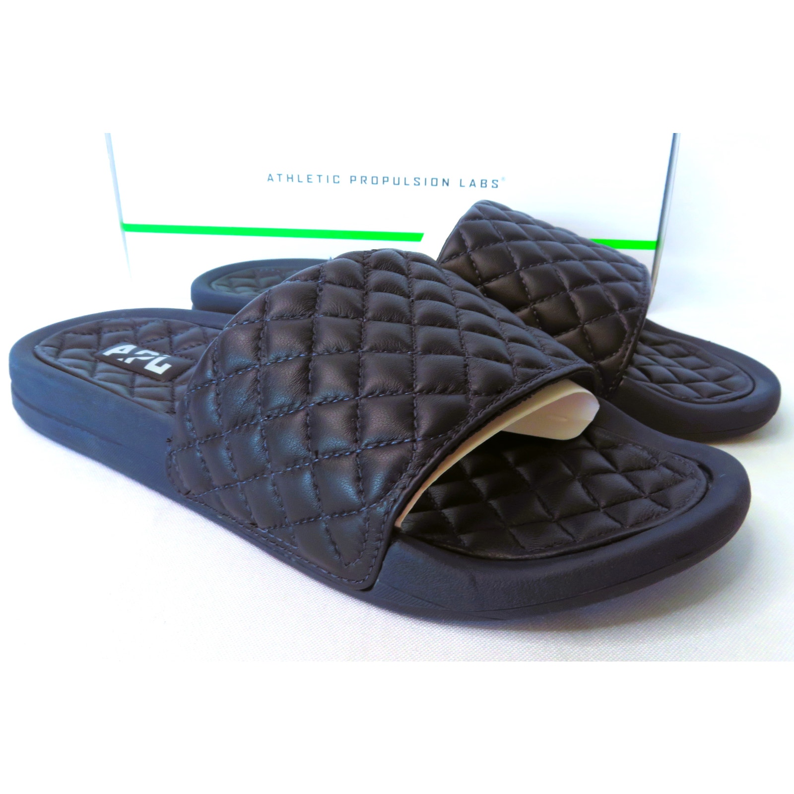 New APL Midnight Blue Lusso Quilted Leather Slide Sandal Women's Sz 7