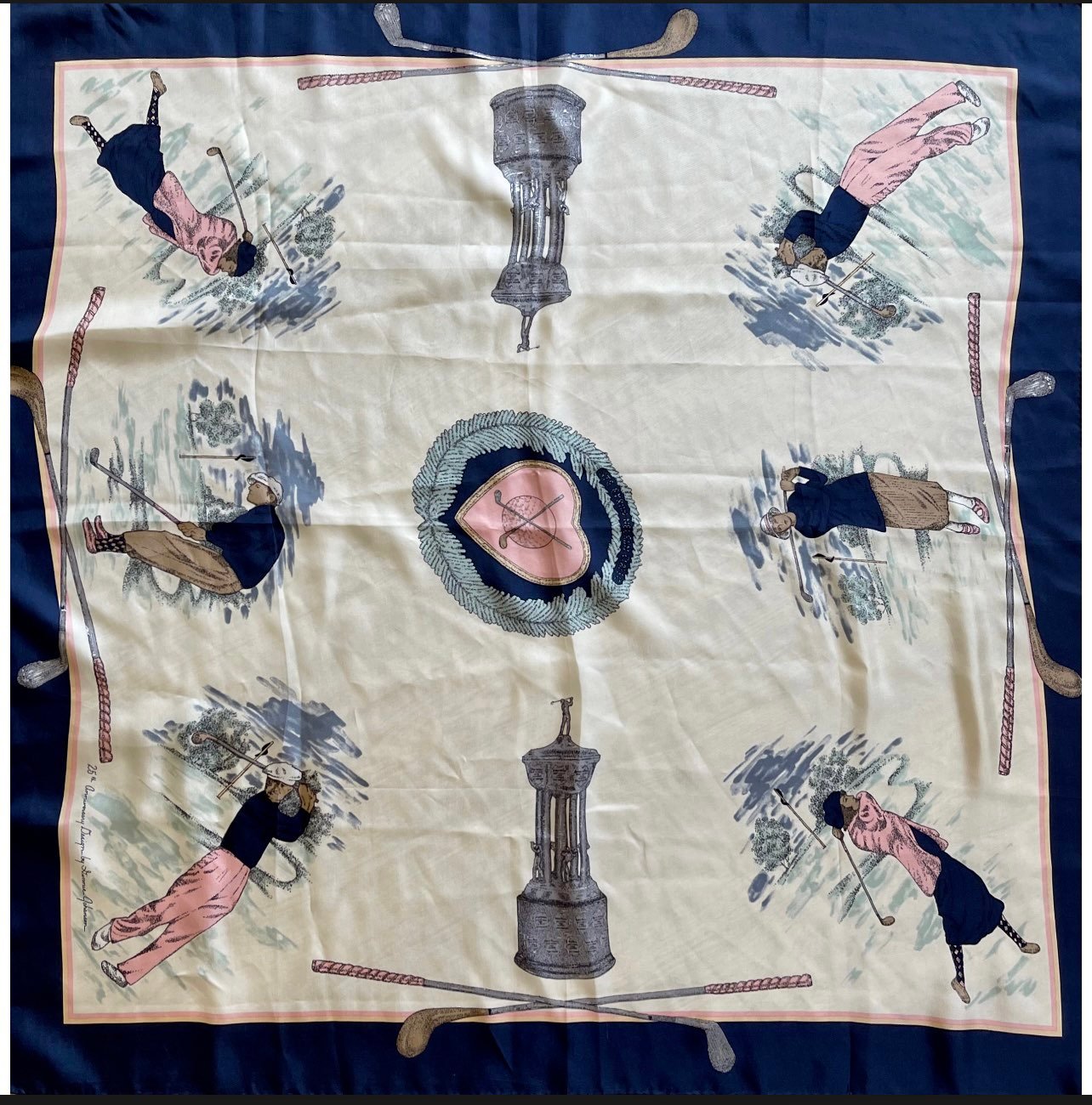 VTG 1991 Ginnie Johansen Cream/Pink/Navy 25th Anniversary Design 100% Silk Scarf