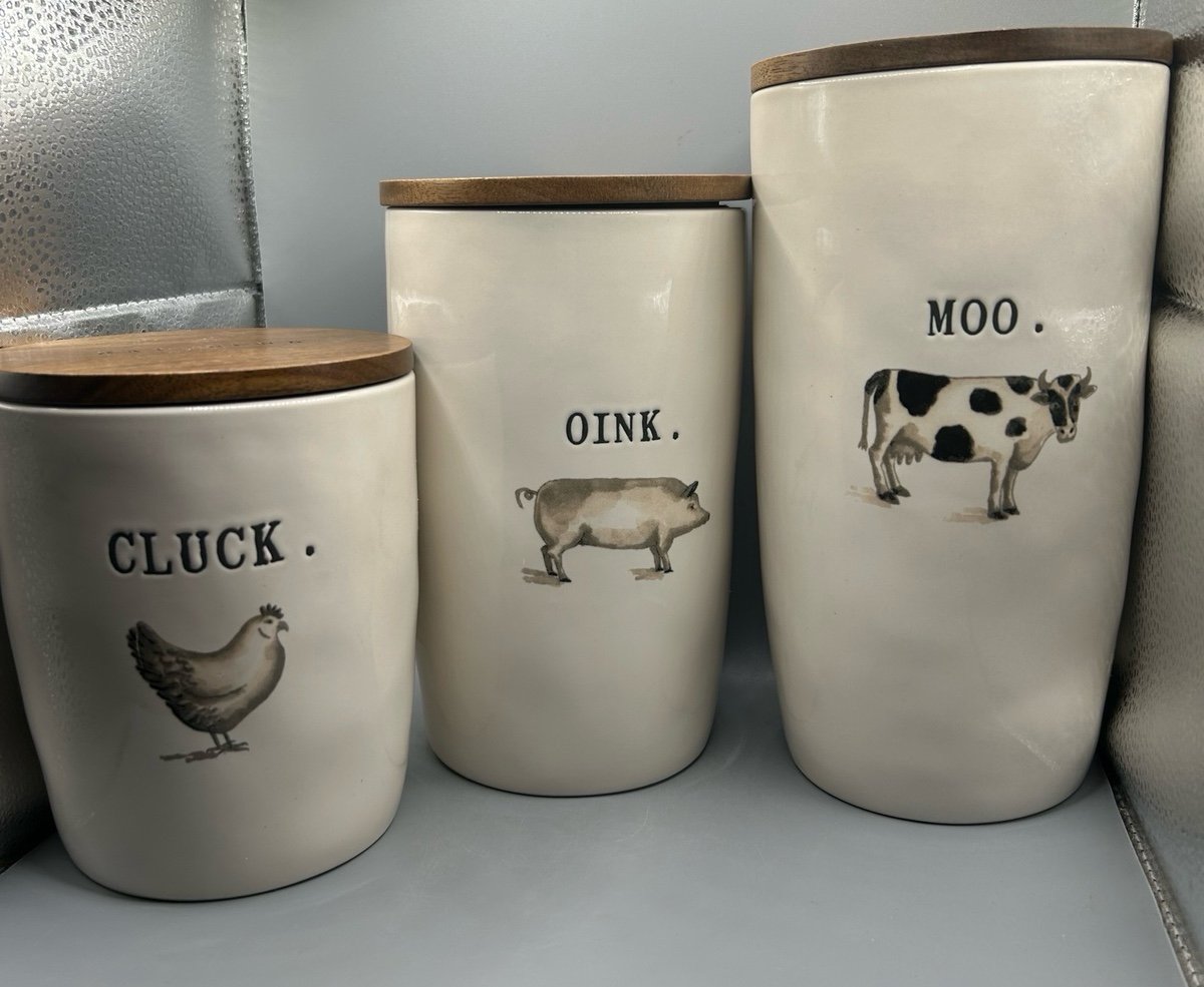 Rae Dunn MOO OINK CLUCK Cellar Canister SET Cow Pig Chicken Farm Line NEW