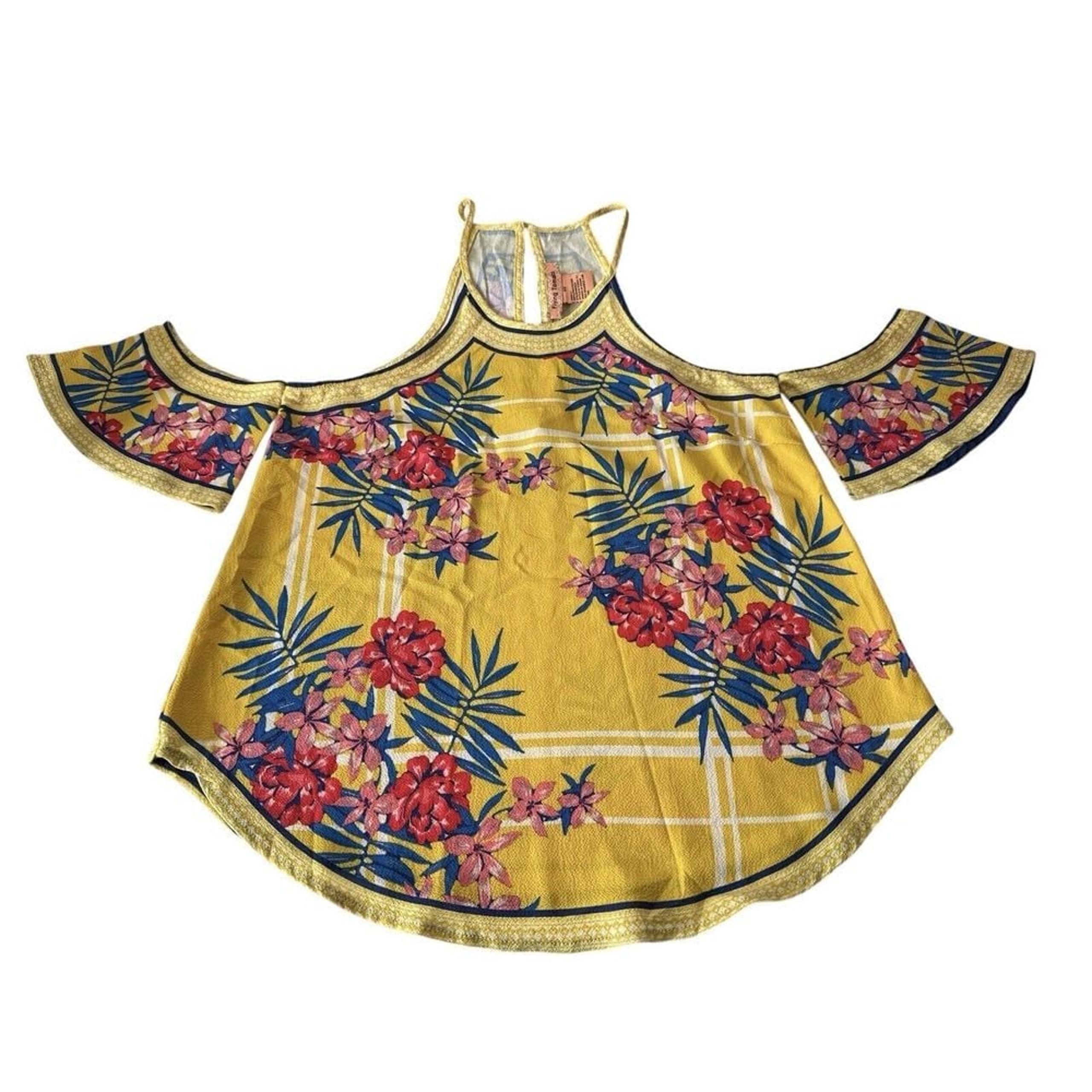 Fying Tomato Top Womens XS Yellow Floral Boho Hippie Bohemian Blouse Bright
