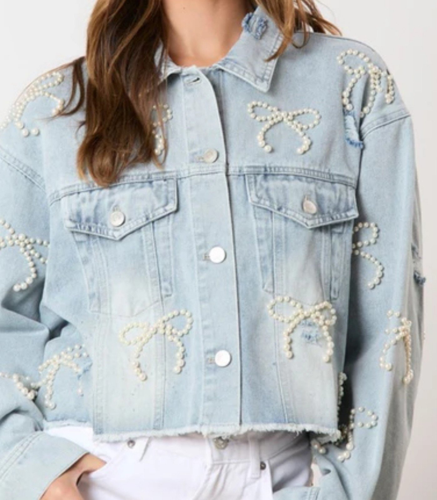 Peach Love BLUE JEAN JACKET EMBELLISHED PEARLS CROP DENIM SIZE **LARGE