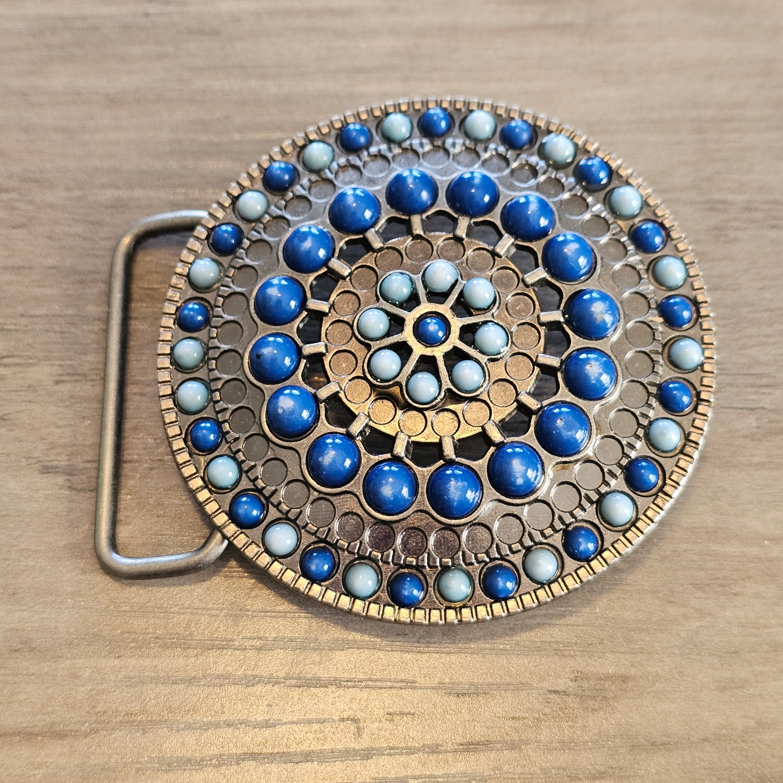 Vintage Silver Round Belt Buckle with Blue Cabochon Design
