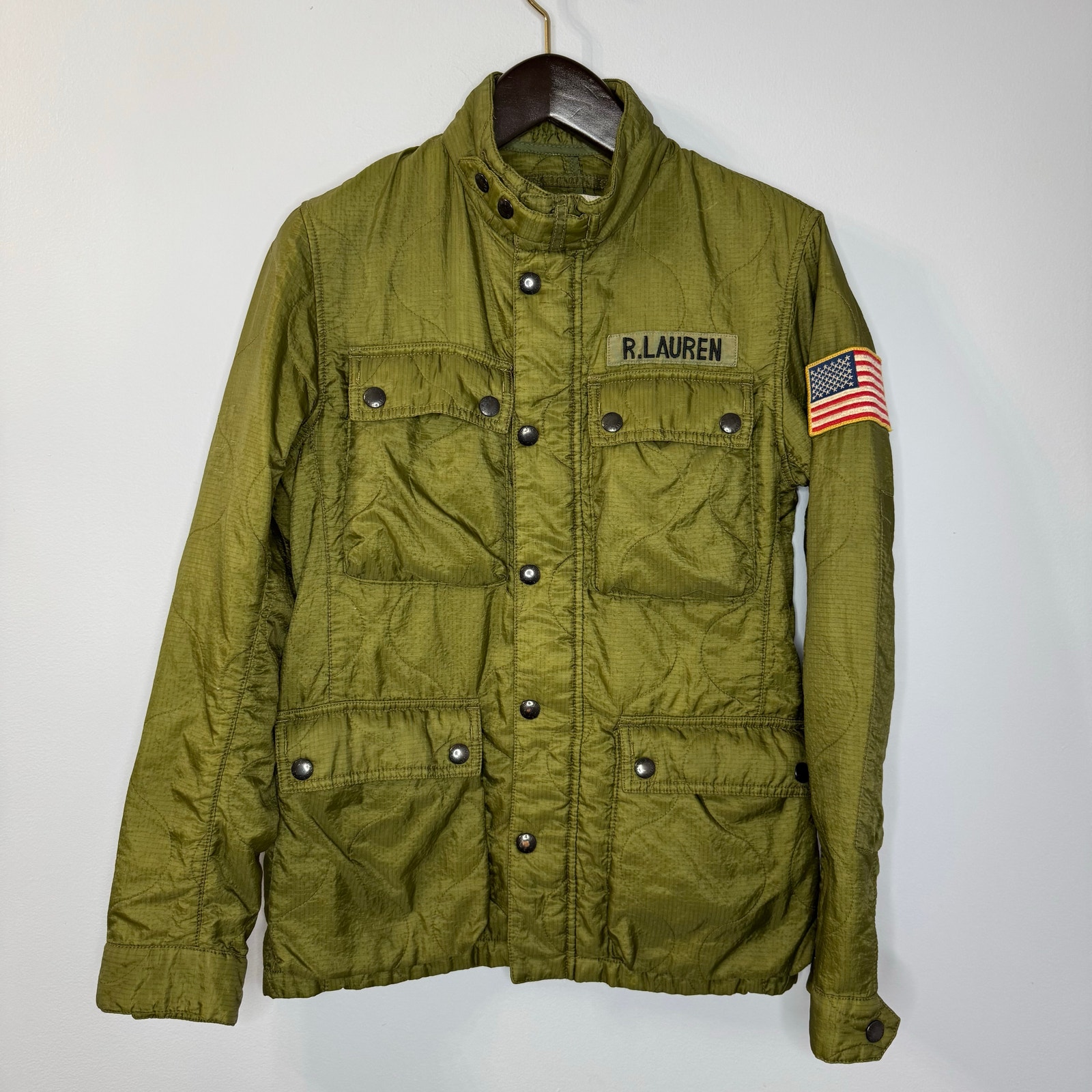 Ralph Lauren Green Jacket RRL Polo Quilted Military Utility USA Flag Patch Sz S