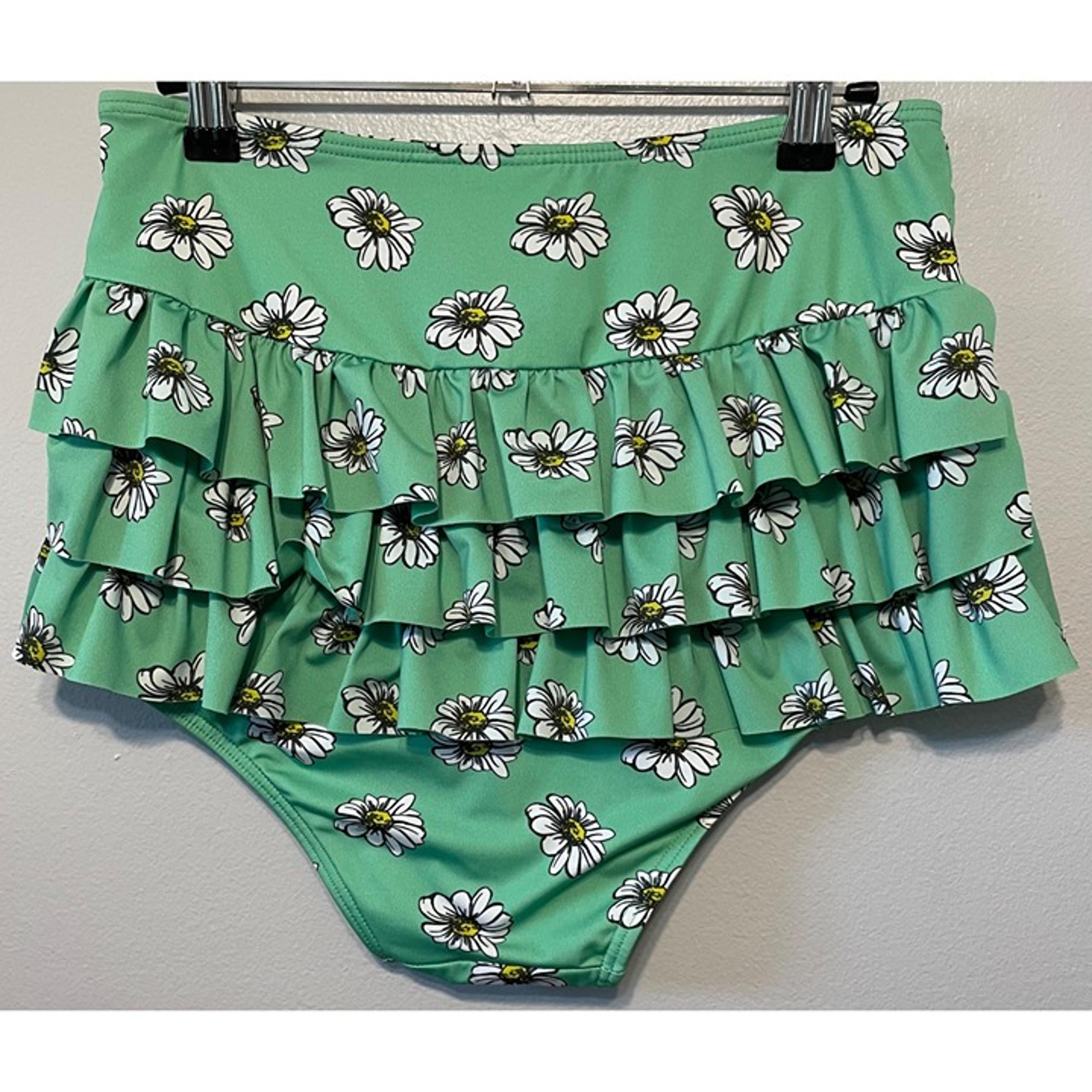 High Dive By ModCloth Green High-Waisted Ruffle Bikini Bottom With Daisy Print -