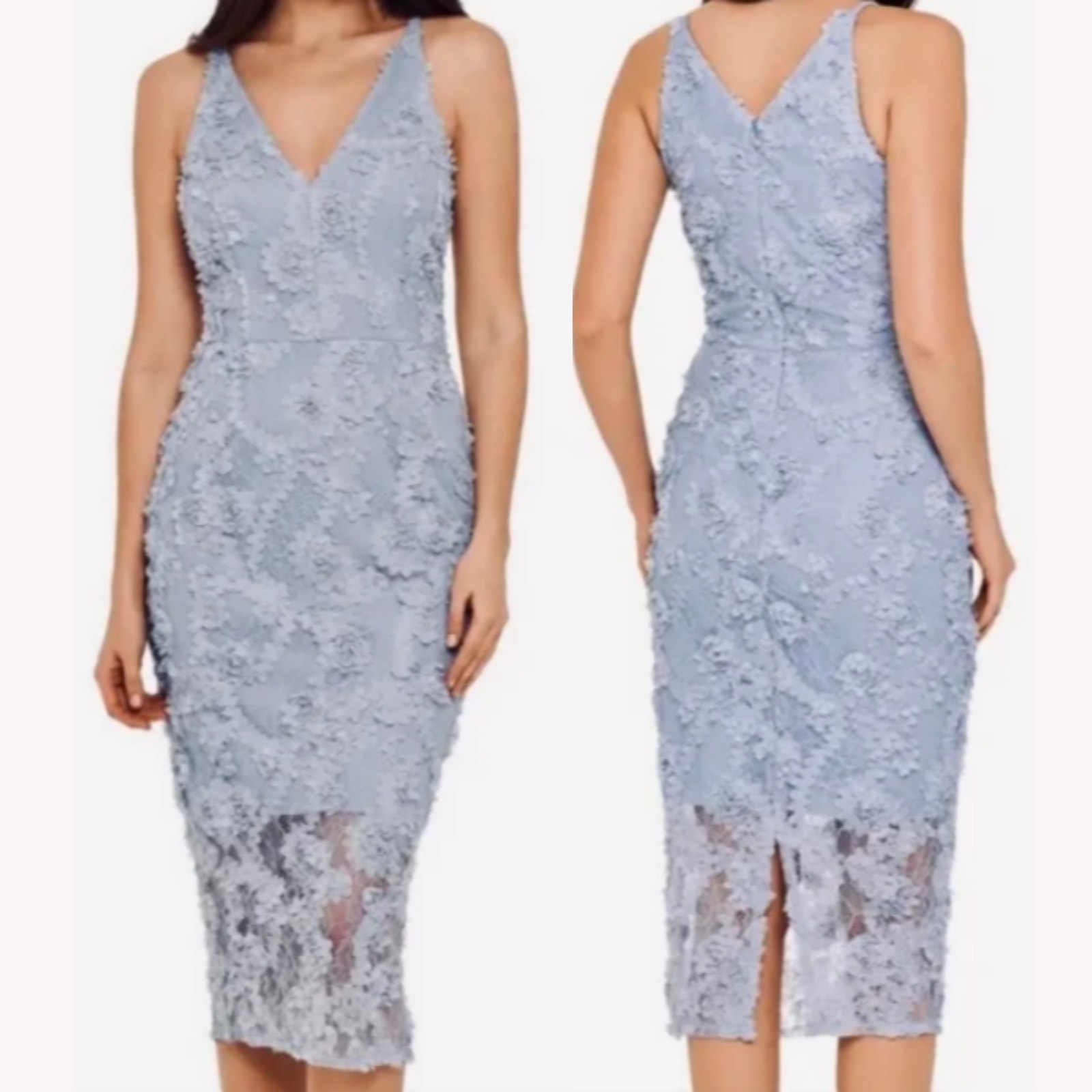XSCAPE SZ 6 S Slate Blue 3D Floral Lace V-Neck Sleeveless Midi Dress NWT B109
